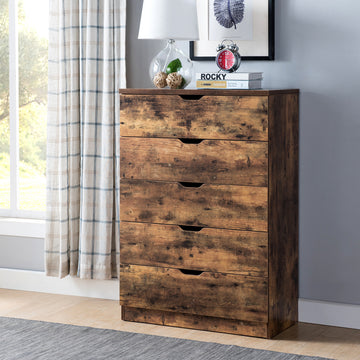 5 Drawer Bedroom Chest Dresser, Distressed Wood Cabinet Rustic Brown Particle Board