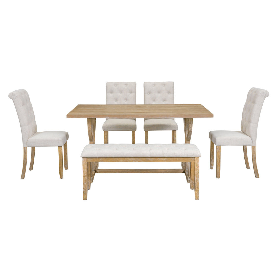 6 Piece Retro Rectangular Dining Table Set, Table With Unique Legs And 4 Upholstered Chairs & 1 Bench For Dining Room And Kitchen Natural Wood Wash Natural Wood Wash Lvl