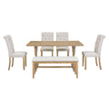 6 Piece Retro Rectangular Dining Table Set, Table With Unique Legs And 4 Upholstered Chairs & 1 Bench For Dining Room And Kitchen Natural Wood Wash Natural Wood Wash Lvl