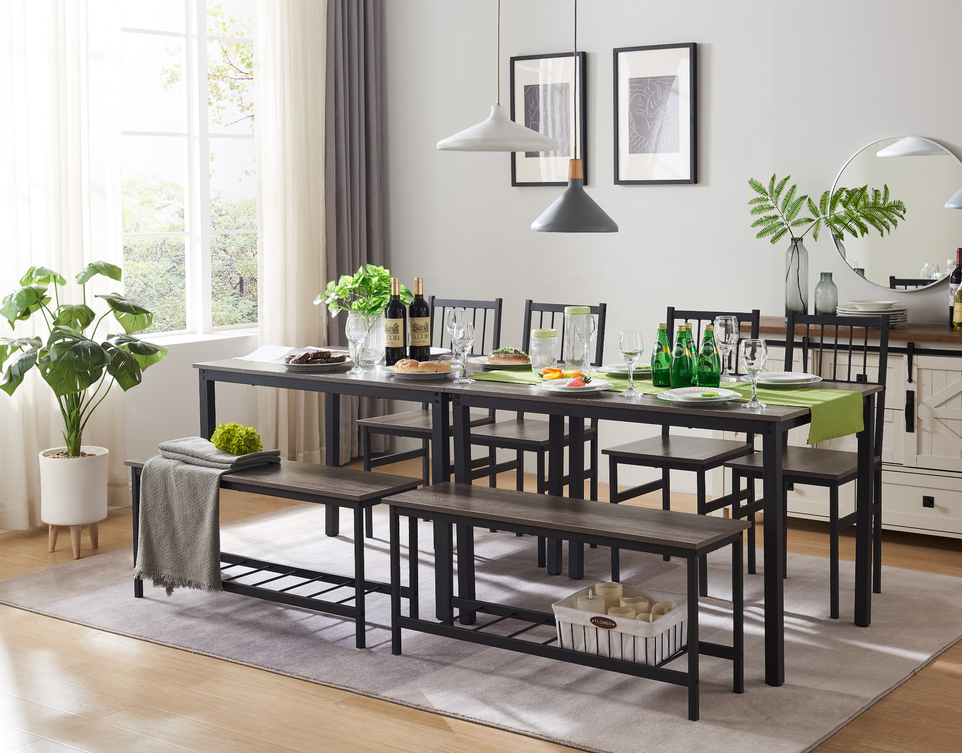 Dining Table Set For 4,Kitchen Table With 2 Benches,Wood Tabletop And Metal Frame,Breakfast Table Set For Small Space,Apartment,Dining Room, Home Office Black Gray Metal & Wood