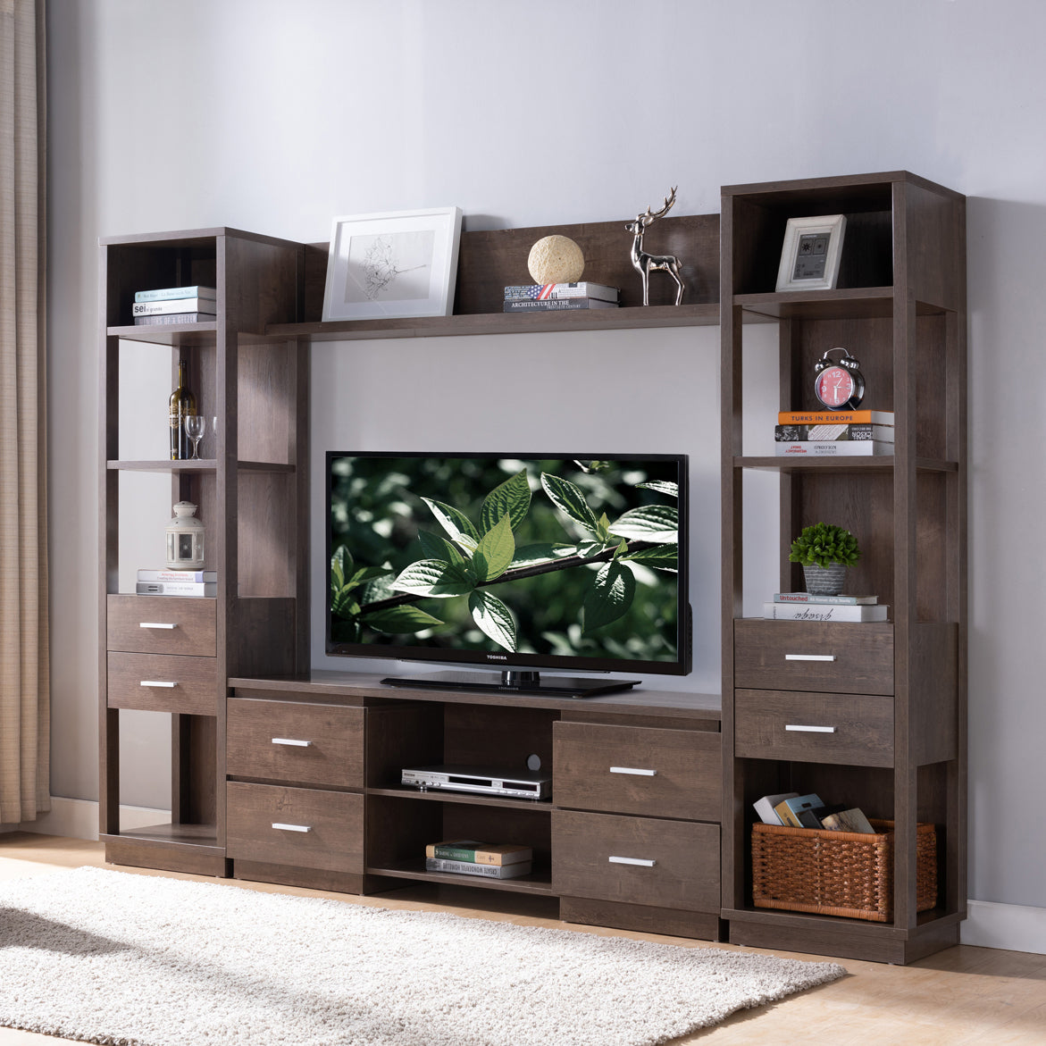 Home Entertainment Console, 60" Tv Stand With 4 Drawers, 2 Shelves Walnut Oak Espresso 60 69 Inches Particle Board