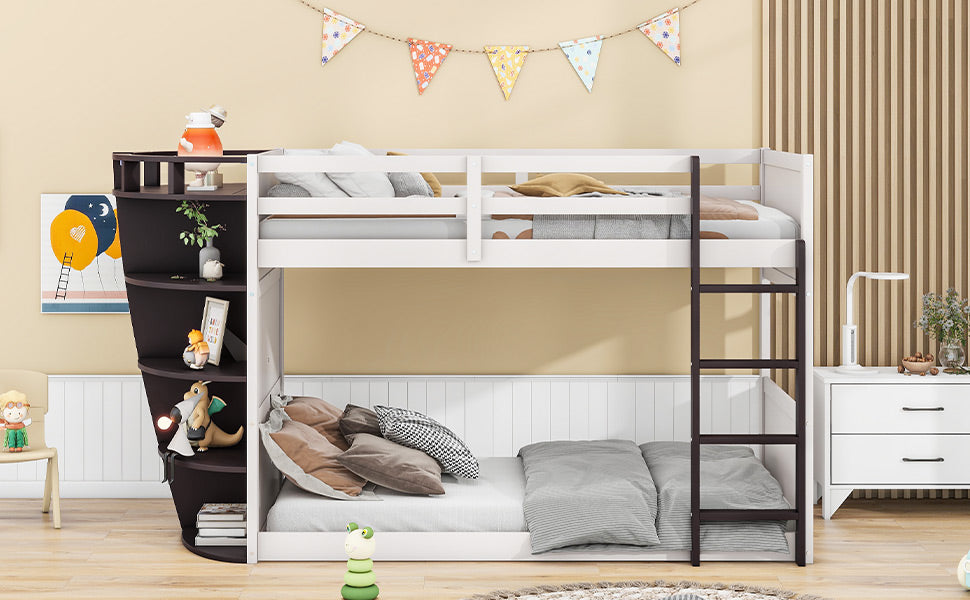 Twin Over Twin Boat Like Shape Bunk Bed With Storage Shelves, Cream Espresso Box Spring Not Required Twin Espresso Wood Bedroom Bunk Solid Wood Mdf