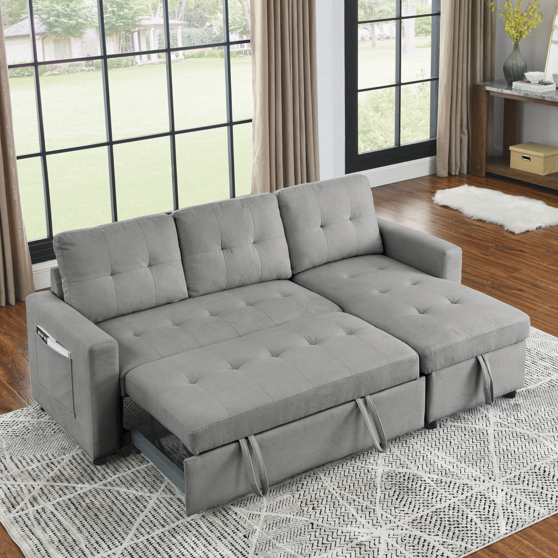 Mh 78.5" Sleeper Sofa Bed Reversible Sectional Couch With Storage Chaise And Side Storage Bag For Small Space Living Room Furniture Set Grey Primary Living Space Eucalyptus Polyester Fabric