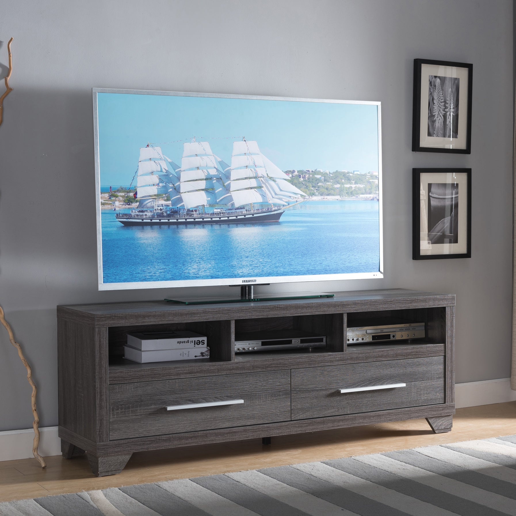 Modern Television Stand, Home, Livingroom 60" Entertainment Console Distressed Grey Grey 60 69 Inches Particle Board