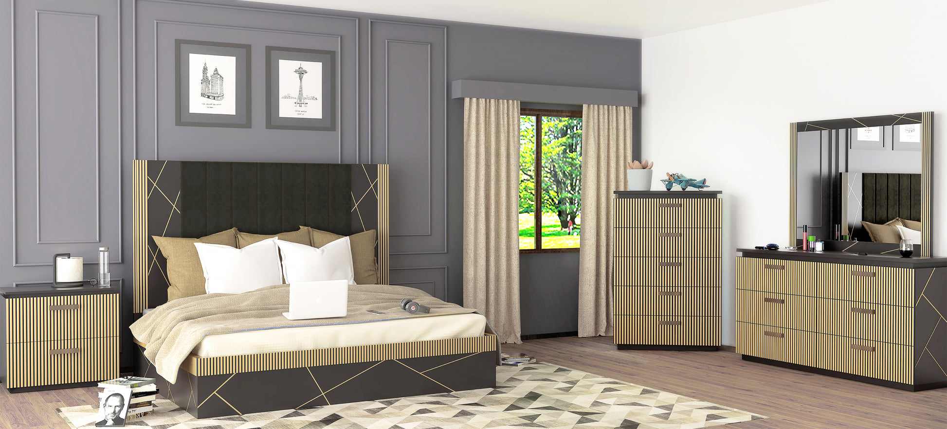 Allure Modern Style 6 Drawer Dresser Made With Mango Wood And Finished With Brass Metal Black Bedroom Contemporary,Modern Wood