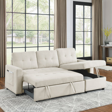 Mh 78.5" Sleeper Sofa Bed Reversible Sectional Couch With Storage Chaise And Side Storage Bag For Small Space Living Room Furniture Set Beige Primary Living Space Eucalyptus Polyester Fabric 3 Seat