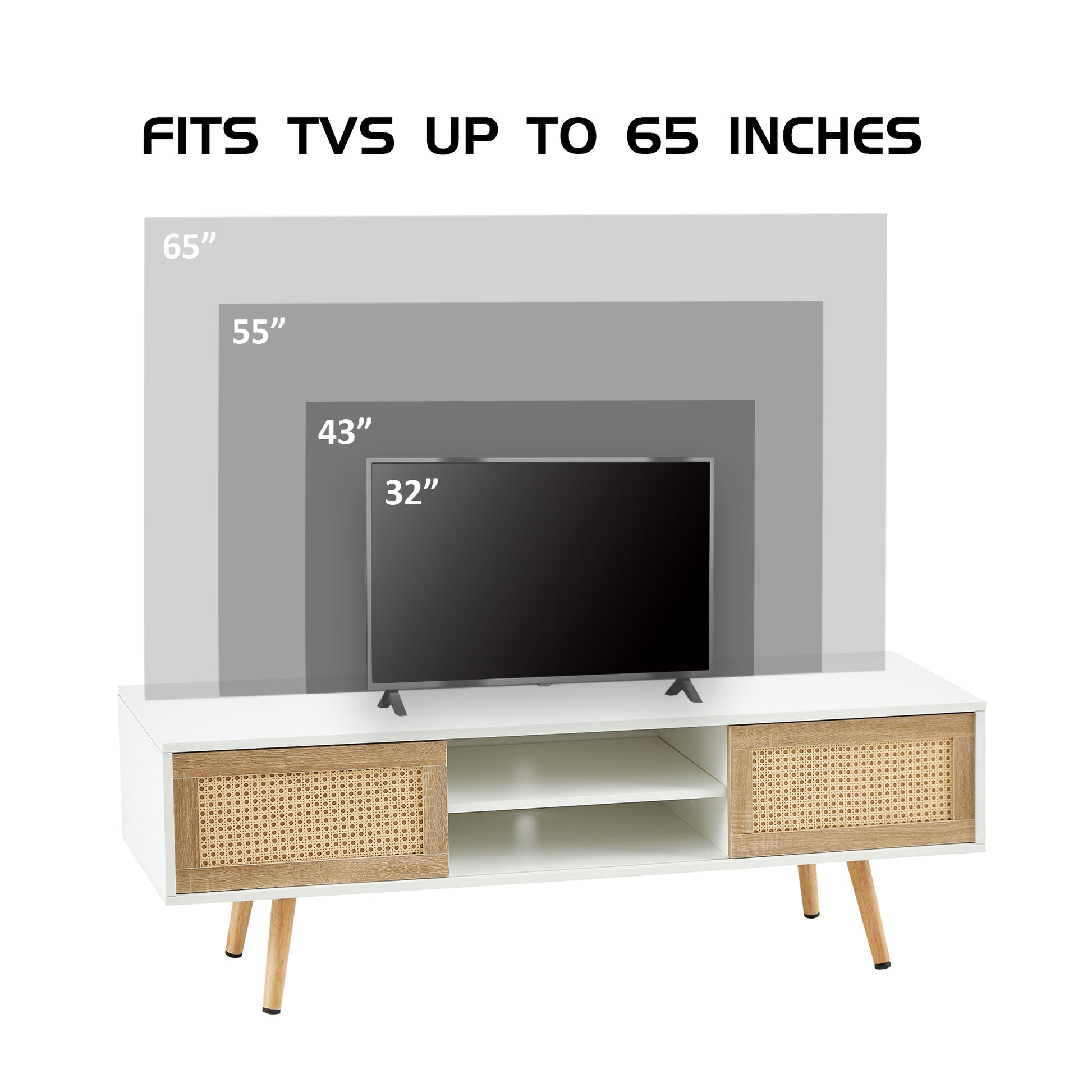 55.12" Rattan Tv Cabinet, Double Sliding Doors For Storage, Adjustable Shelf, Solid Wood Legs, Tv Console For Living Roomwhite White Solid Wood Mdf