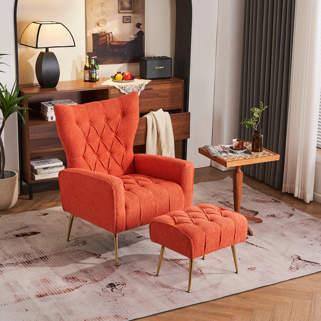 Modern Accent Chair With Ottoman, Comfy Armchair For Living Room, Bedroom, Apartment, Office Brick Red Brick Red Primary Living Space Classic Polyester