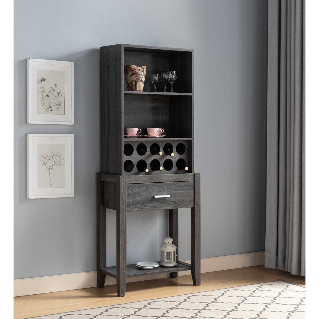 Wine Bar Cabinet, Kitchen Storage Cabinet With Drawer And Open Shelves, Distressed Grey Grey Particle Board