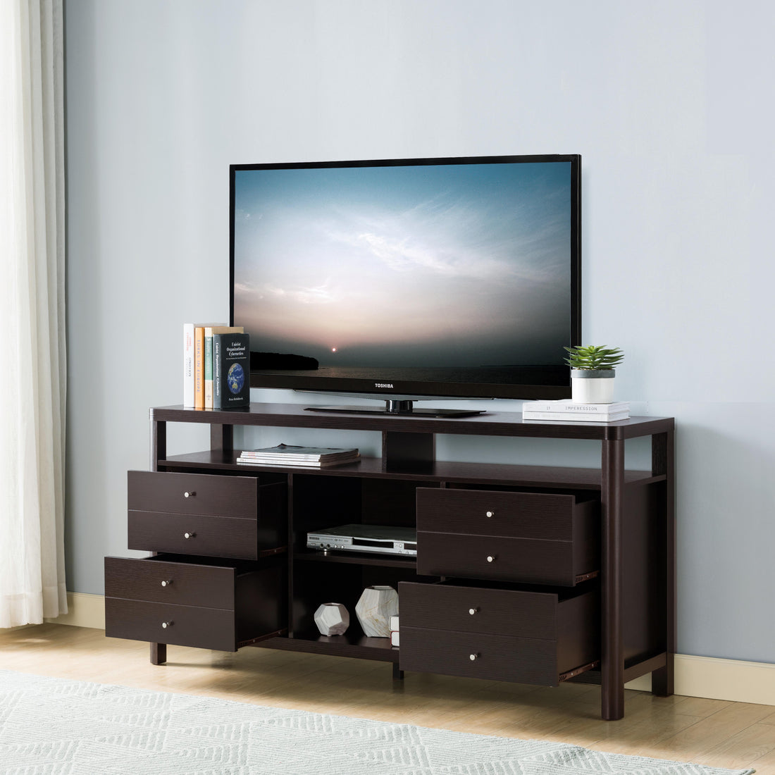 Home Entertainment Stand, Tv Stand With 4 Storage Drawers, Display Table In Red Cocoa Espresso 50 59 Inches Particle Board