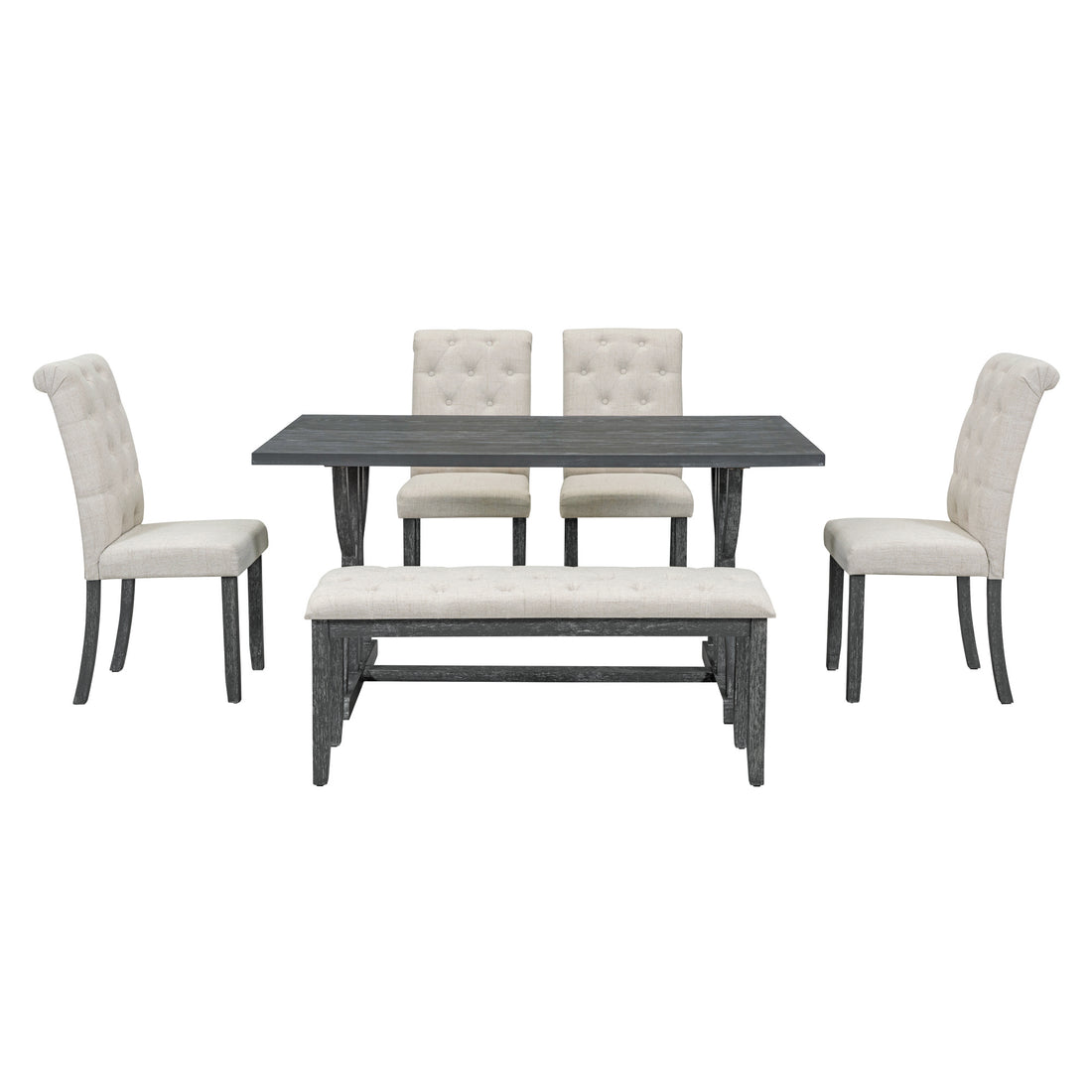 6 Piece Retro Rectangular Dining Table Set, Table With Unique Legs And 4 Upholstered Chairs & 1 Bench For Dining Room And Kitchen Gray Wash Gray Wash Lvl