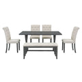 6 Piece Retro Rectangular Dining Table Set, Table With Unique Legs And 4 Upholstered Chairs & 1 Bench For Dining Room And Kitchen Gray Wash Gray Wash Lvl