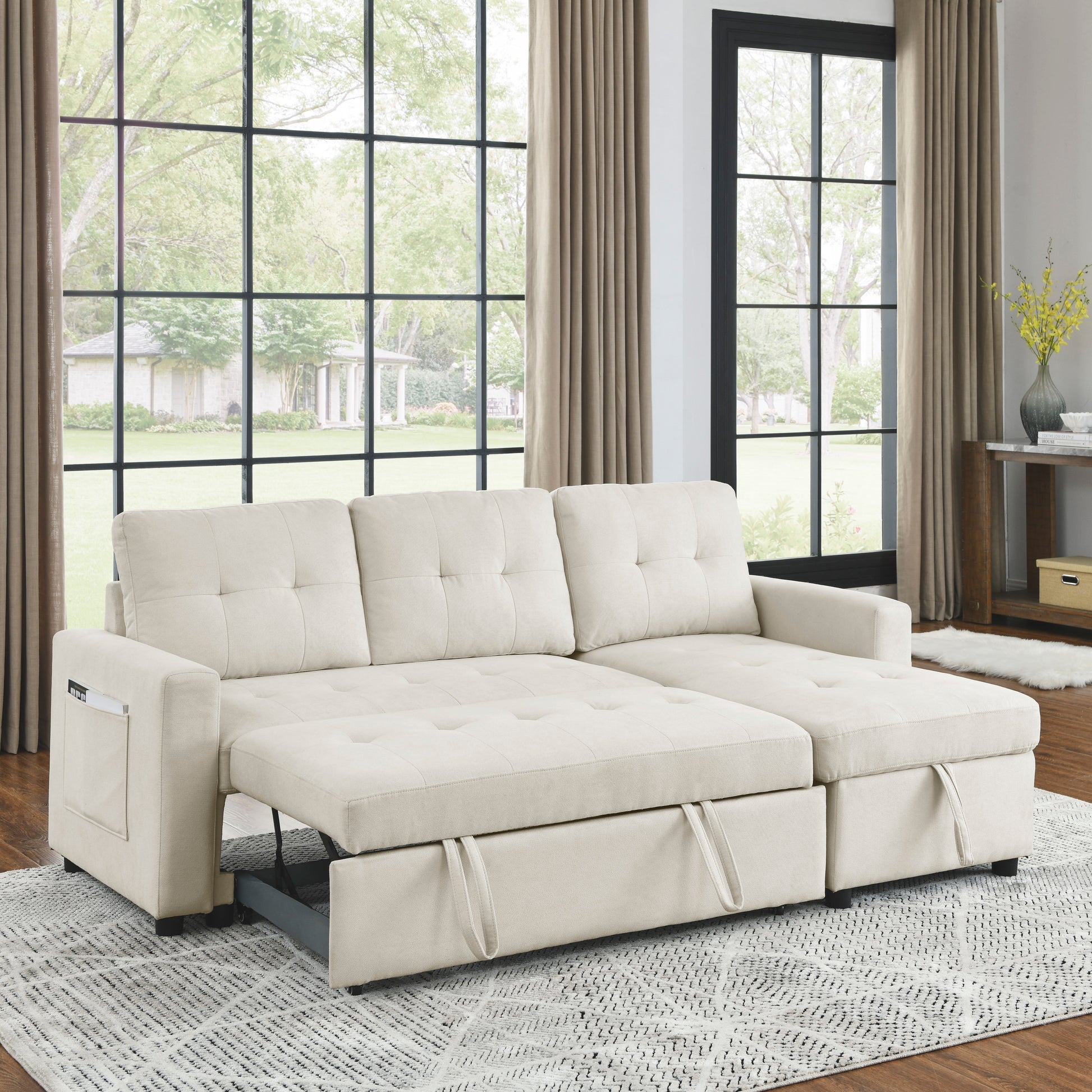 Mh 78.5" Sleeper Sofa Bed Reversible Sectional Couch With Storage Chaise And Side Storage Bag For Small Space Living Room Furniture Set Beige Primary Living Space Eucalyptus Polyester Fabric 3 Seat