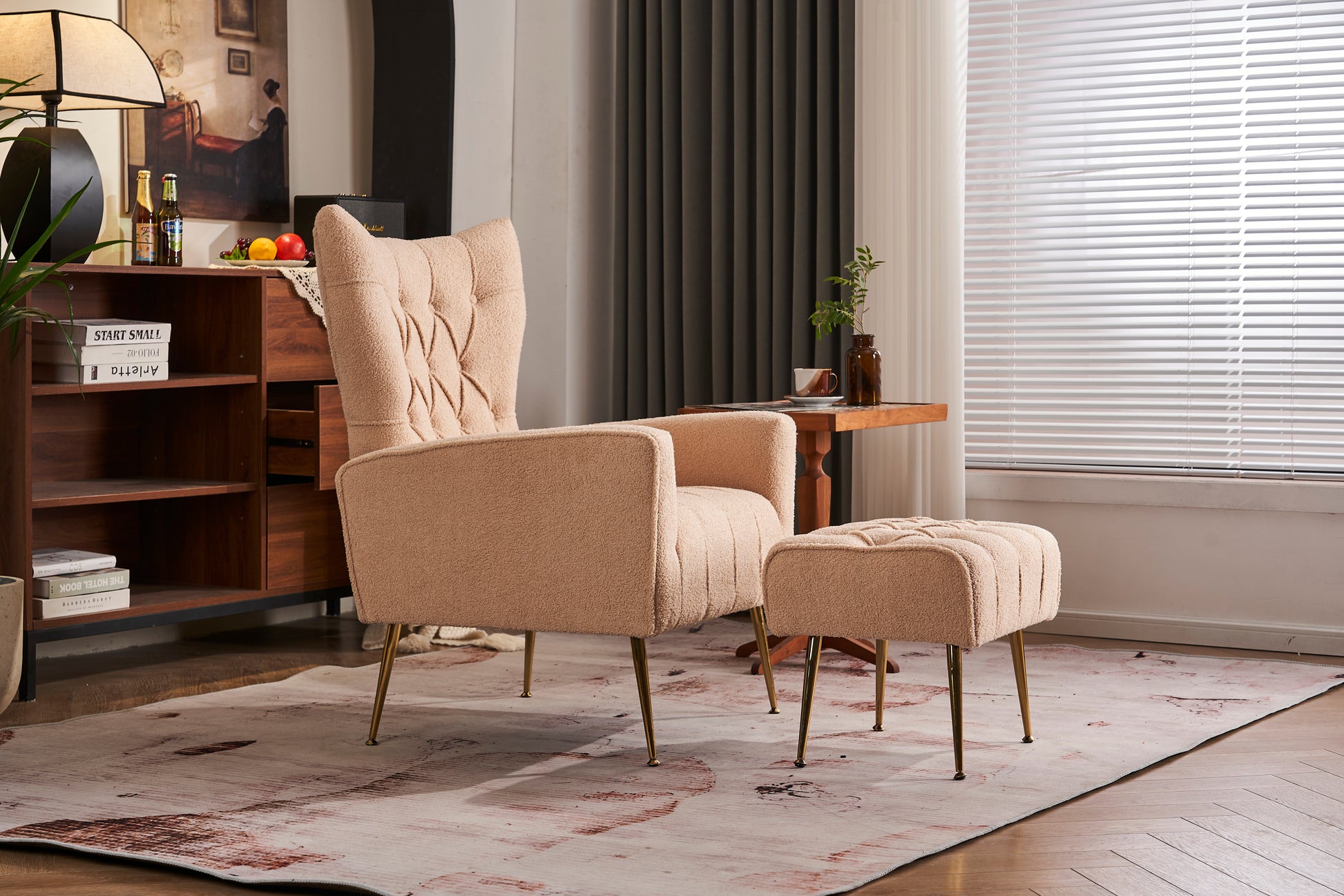 Modern Accent Chair With Ottoman, Comfy Armchair For Living Room, Bedroom, Apartment, Office Nude Cream Primary Living Space Classic Polyester