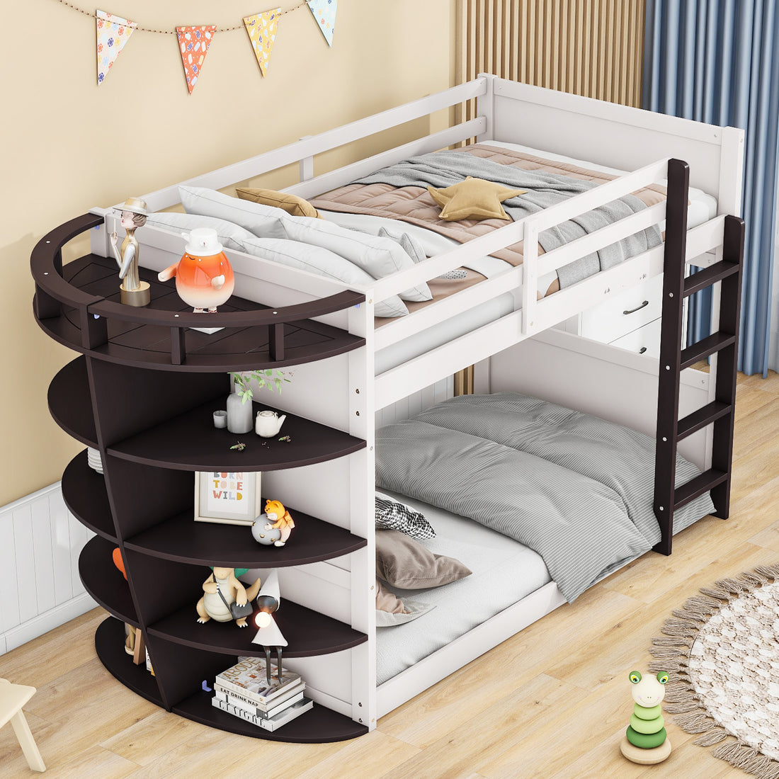 Twin Over Twin Boat Like Shape Bunk Bed With Storage Shelves, Cream Espresso Box Spring Not Required Twin Espresso Wood Bedroom Bunk Solid Wood Mdf