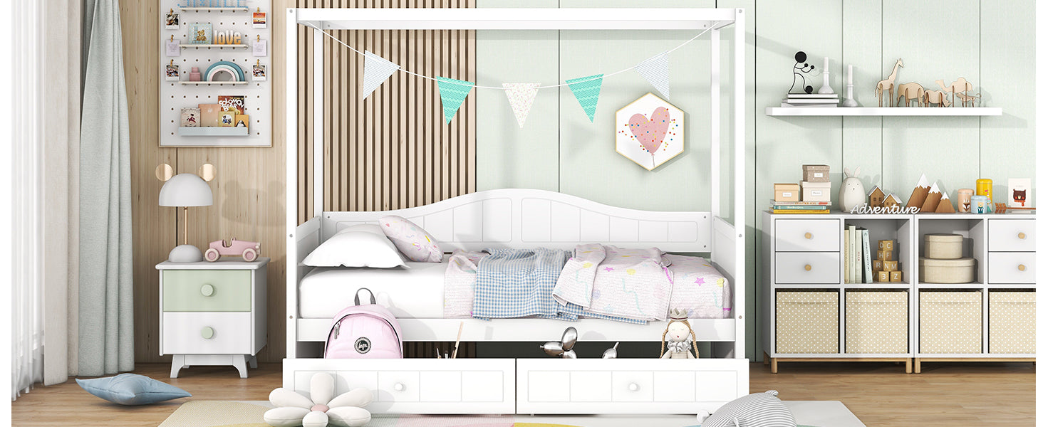 Twin Size Canopy Day Bed With 2 Drawers, White White Solid Wood Mdf