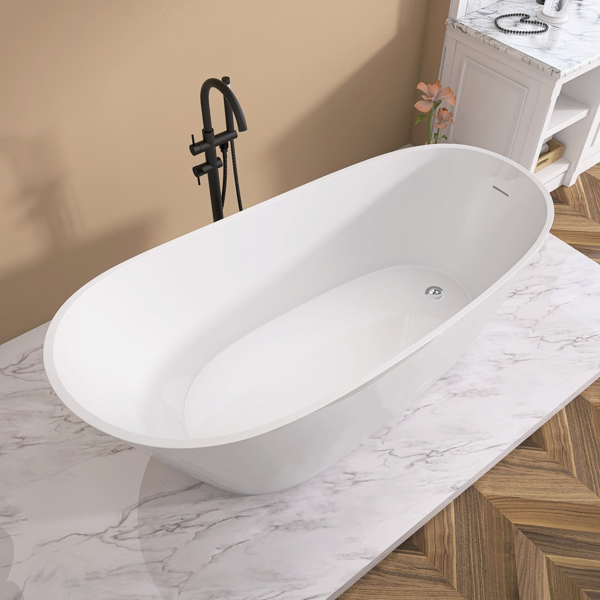 67" Acrylic Free Standing Tub Classic Oval Shape Soaking Tub, Adjustable Freestanding Bathtub With Integrated Slotted Overflow And Chrome Pop Up Drain Anti Clogging Gloss White Gloss White Oval Bathroom Freestanding Tubs Polished 61 69 In Modern Soaking