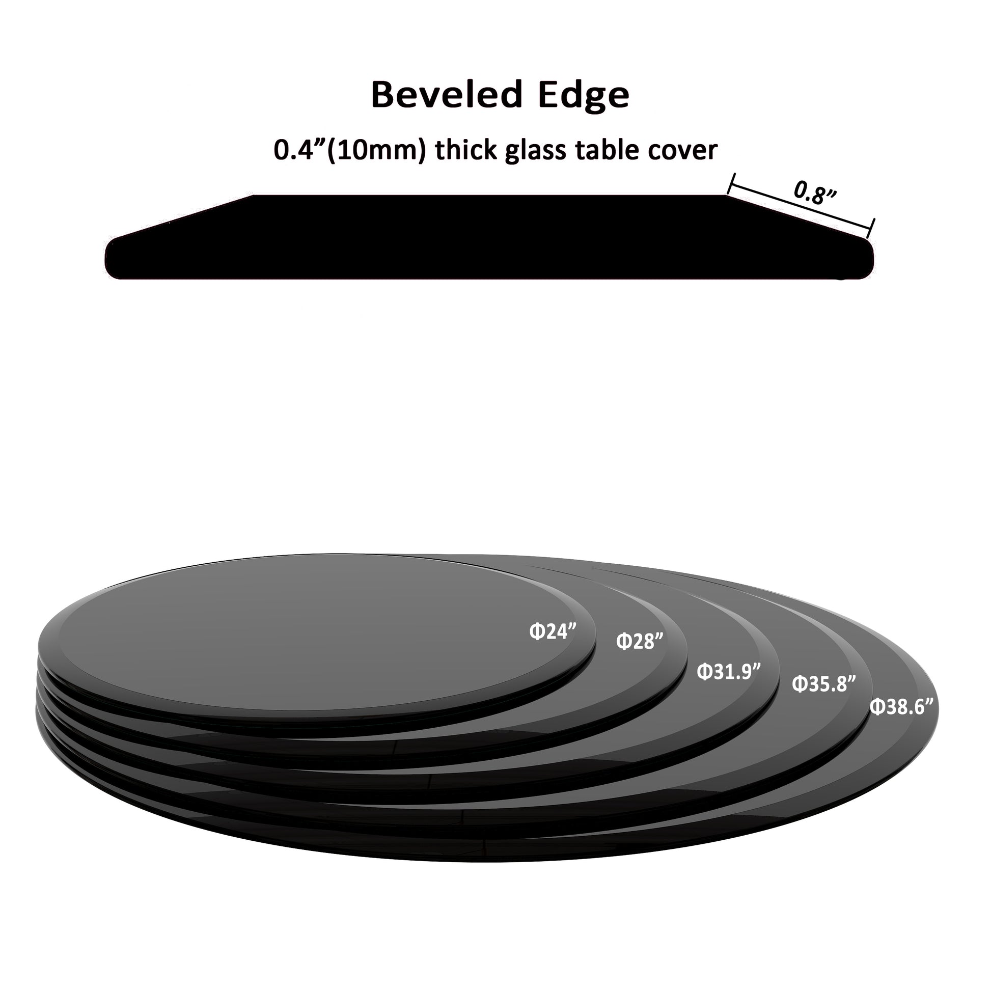 24" Inch Round Tempered Glass Table Top Black Glass 2 5 Inch Thick Beveled Polished Edge Black Tempered Glass