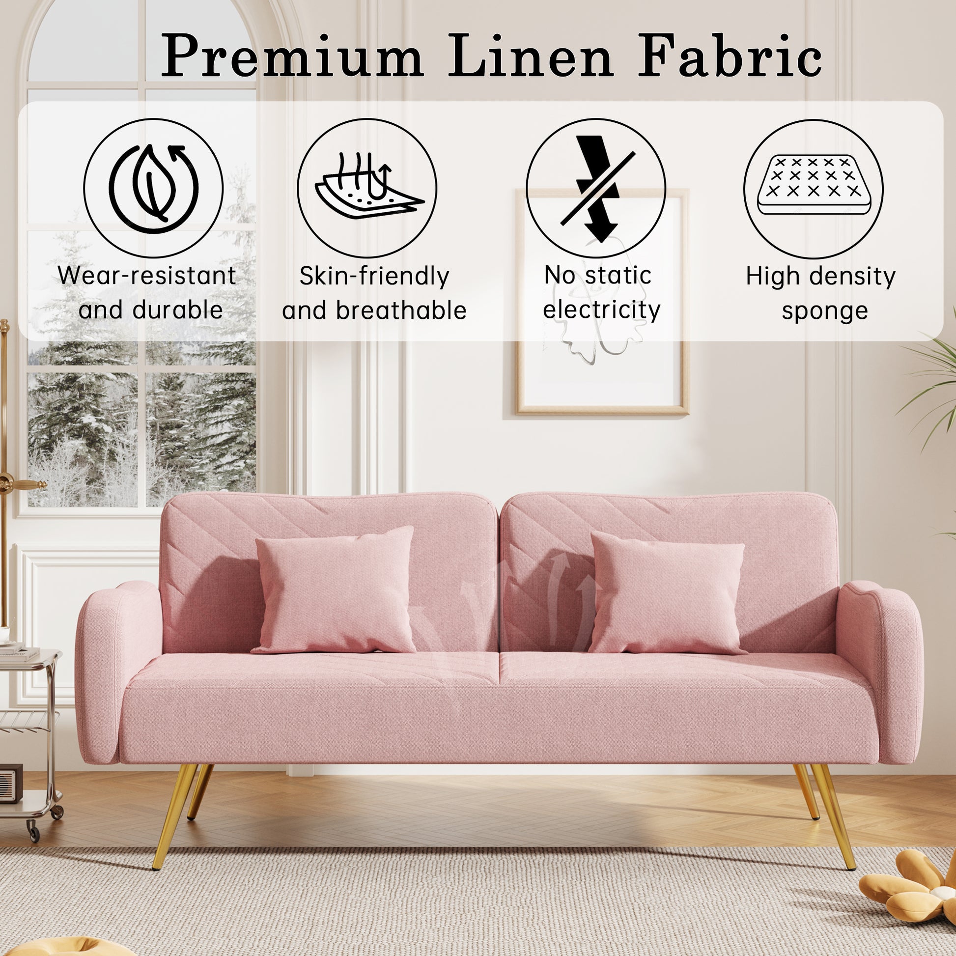 70.47" Pink Fabric Double Sofa With Split Backrest And Two Throw Pillows,Suitable For Living Room, Apartment, Home Office Pink Wood Primary Living Space Eucalyptus Square Arms Foam Fabric 2 Seat