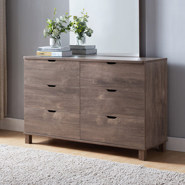 6 Drawer Wide Chest Dresser, Home Storage Chest Organizer With Cut Out Curved Handles, Hazelnut Caramel Particle Board