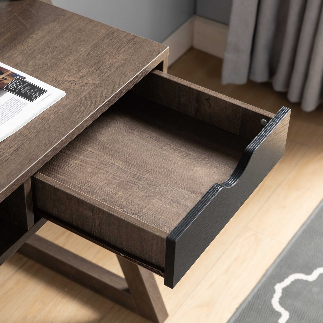 Home Office Desk With Drawer And Power Outlet Usb, Walnut Oak & Black Walnut Particle Board