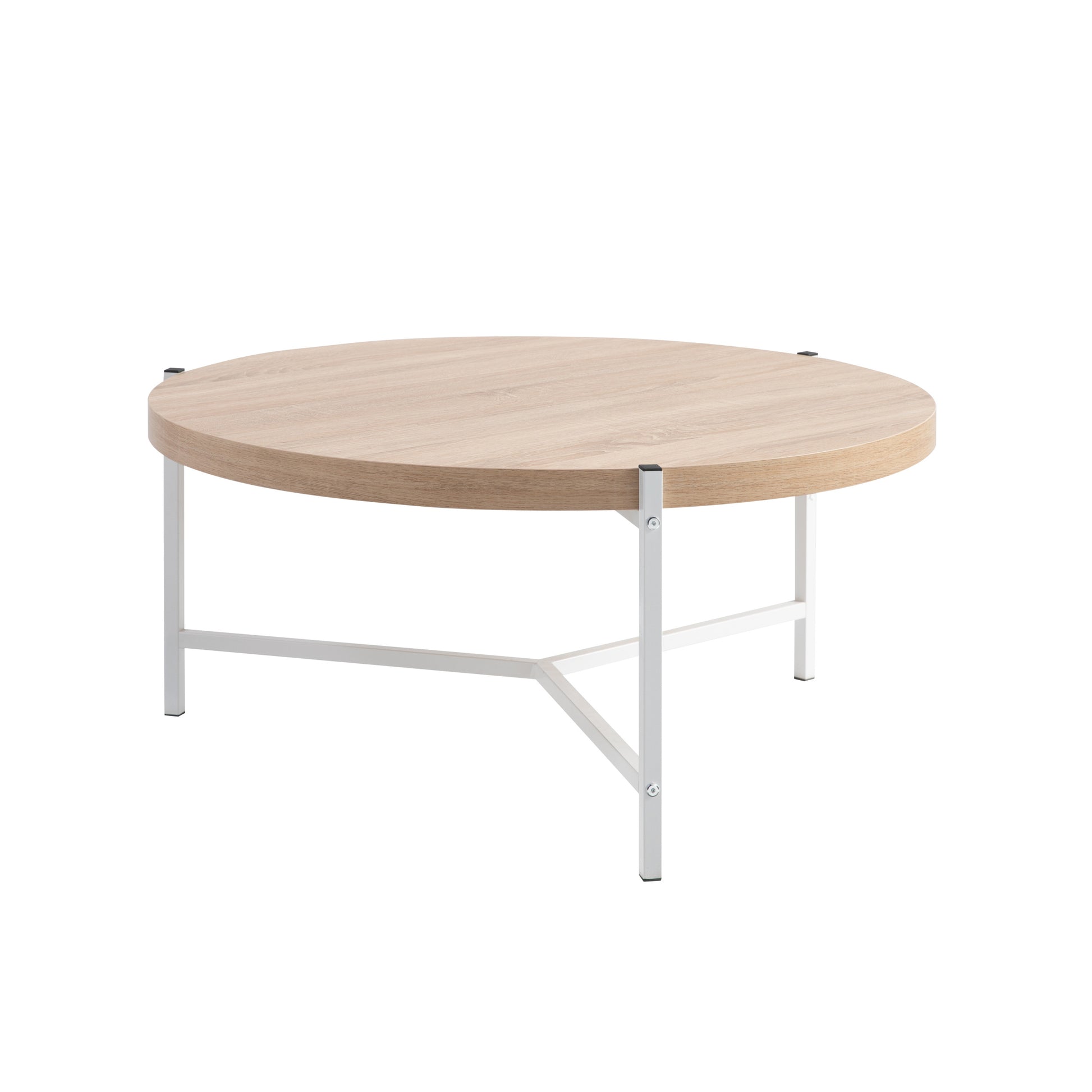 36.5" Round Coffee Table With White Metal Legs, Weathered White & White Natural Particle Board