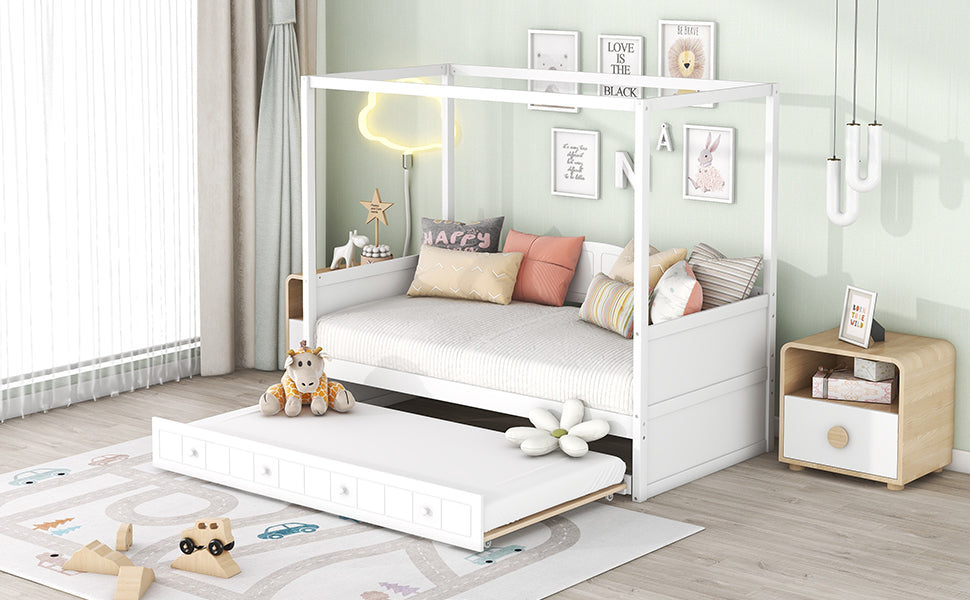 Twin Size Canopy Day Bed With Twin Size Trundle, White White Solid Wood Mdf