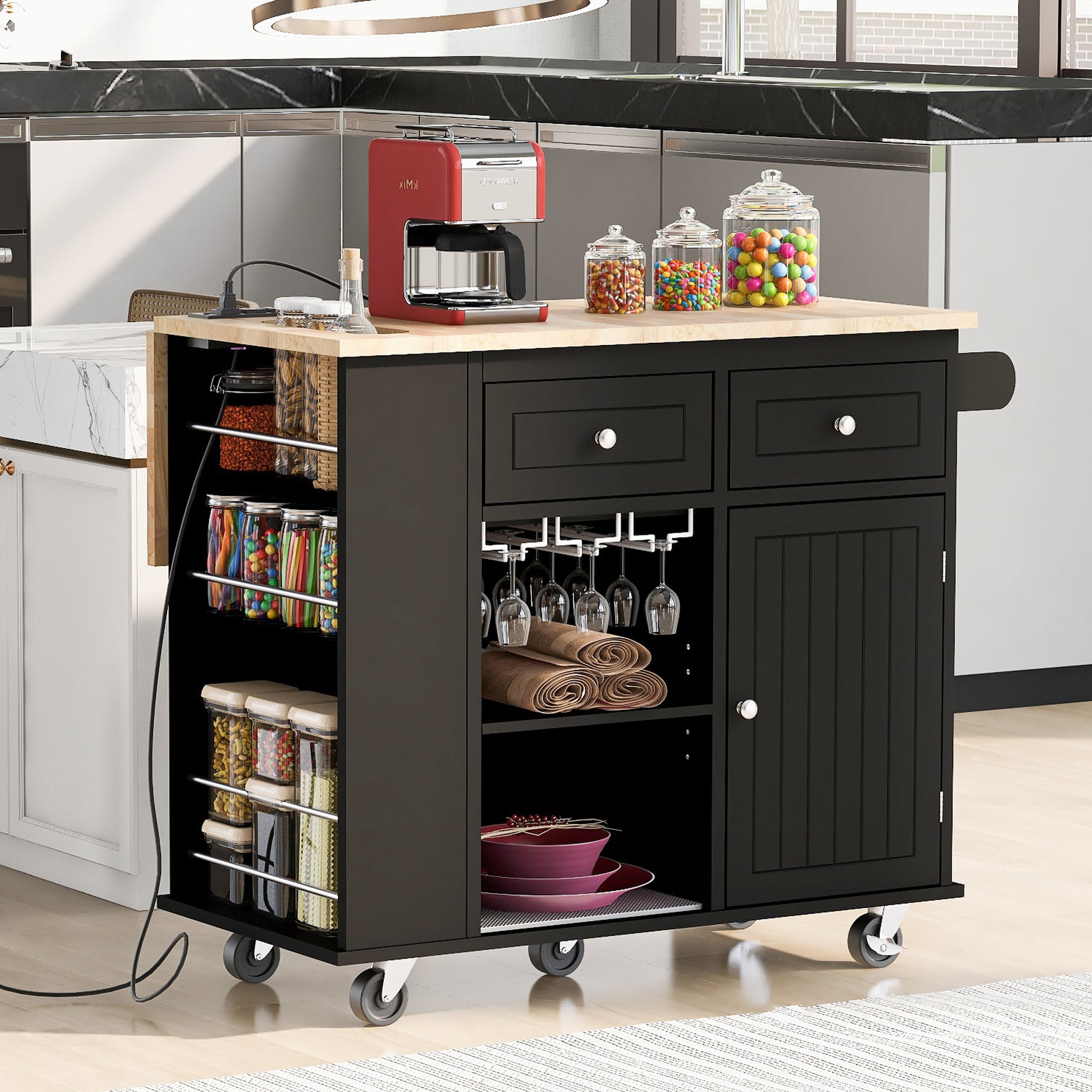 Kitchen Island with Power Outlet,Kitchen Storage black-mdf