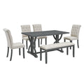 6 Piece Retro Rectangular Dining Table Set, Table With Unique Legs And 4 Upholstered Chairs & 1 Bench For Dining Room And Kitchen Gray Wash Gray Wash Lvl