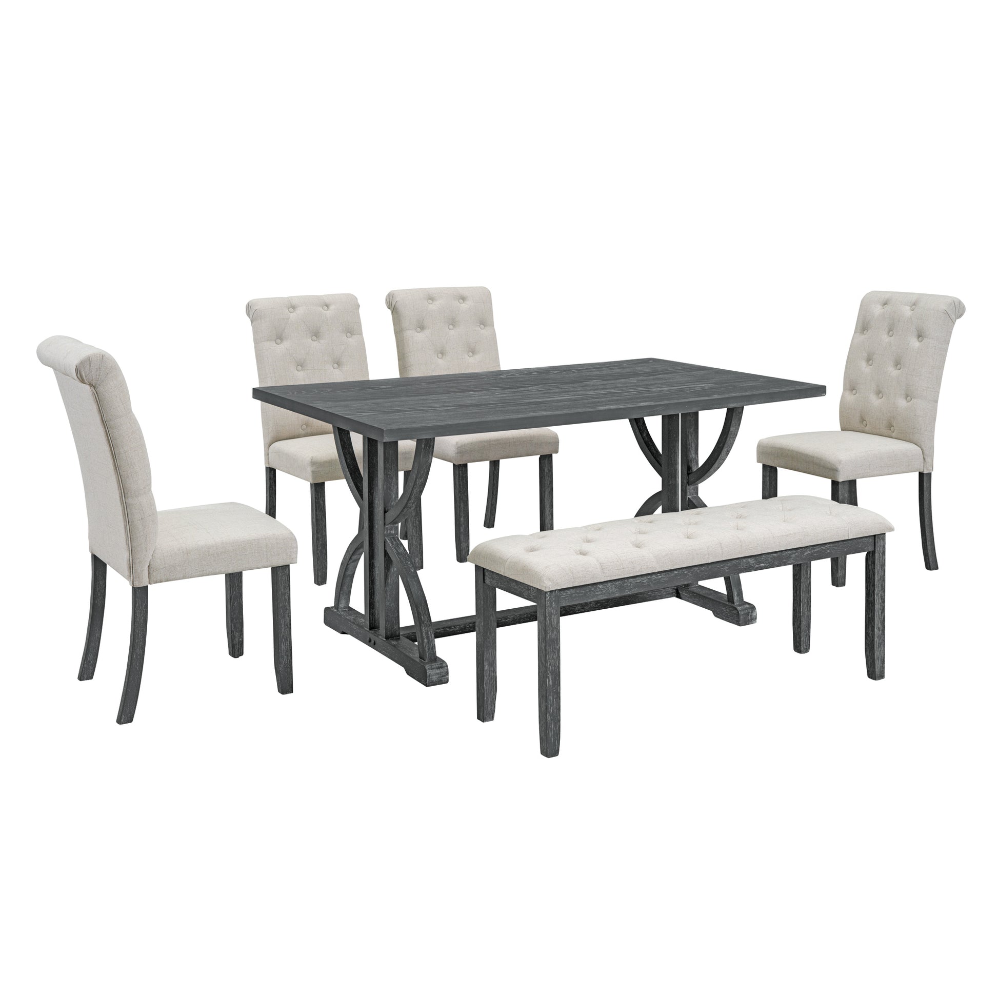 6 Piece Retro Rectangular Dining Table Set, Table With Unique Legs And 4 Upholstered Chairs & 1 Bench For Dining Room And Kitchen Gray Wash Gray Wash Lvl