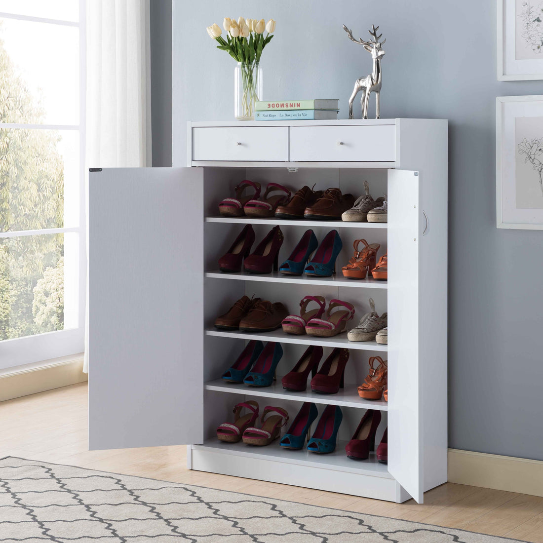 White Shoe Storage Cabinet With Fives Shelves, Two Drawers, Fits 15 Pairs Of Shoes White Particle Board