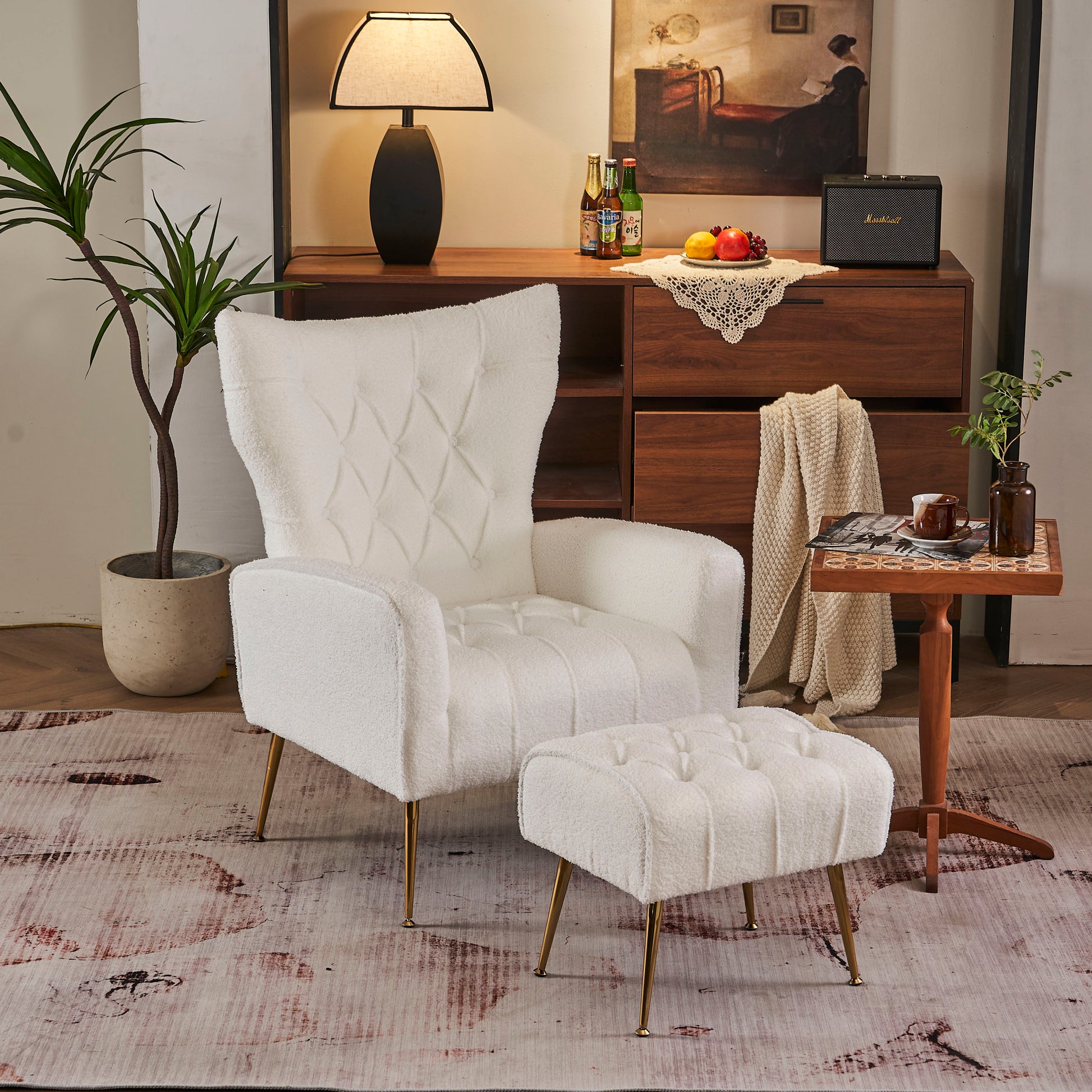 Modern Accent Chair With Ottoman, Comfy Armchair For Living Room, Bedroom, Apartment, Office White White Primary Living Space Classic Polyester