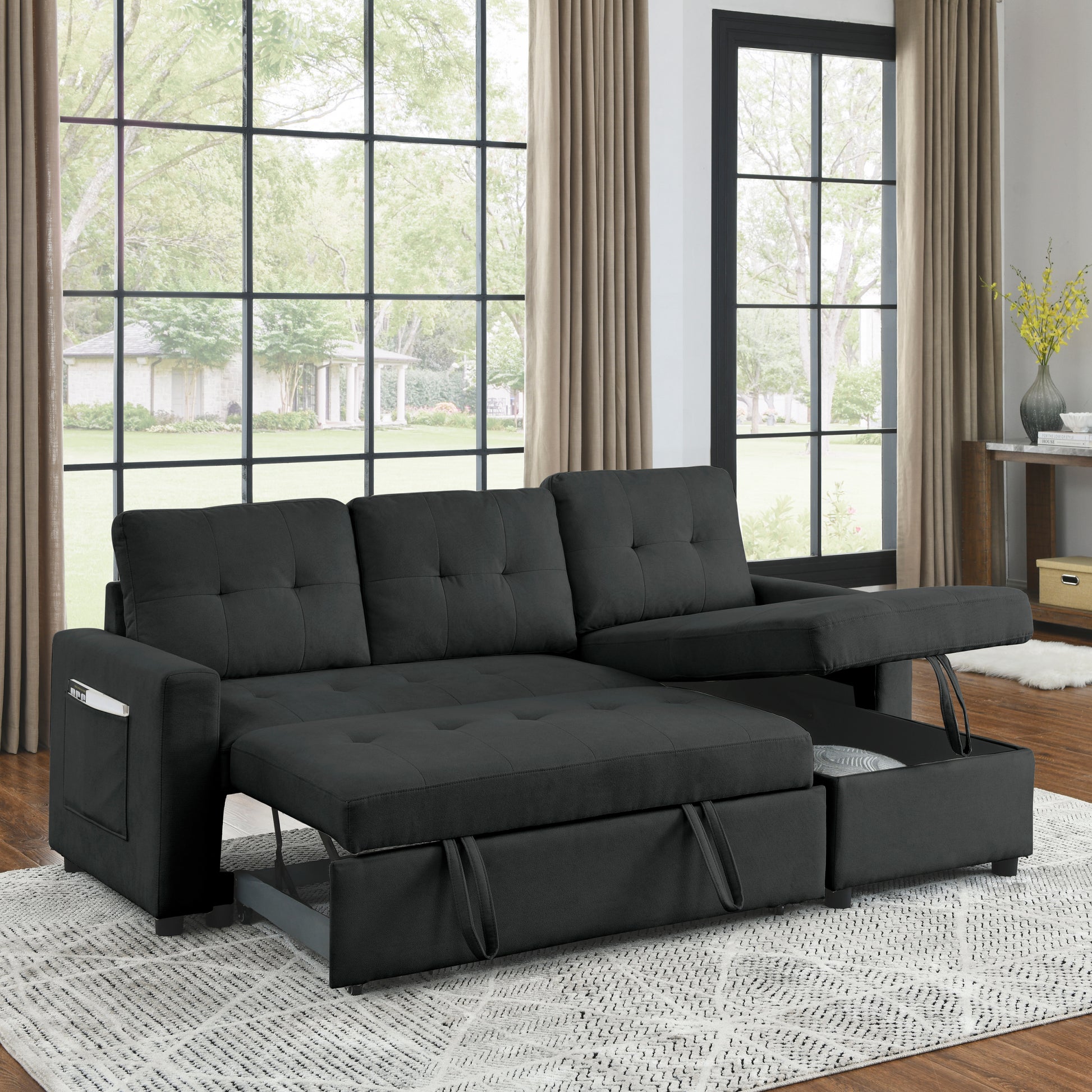 Mh 78.5" Sleeper Sofa Bed Reversible Sectional Couch With Storage Chaise And Side Storage Bag For Small Space Living Room Furniture Set Black Primary Living Space Eucalyptus Polyester Fabric