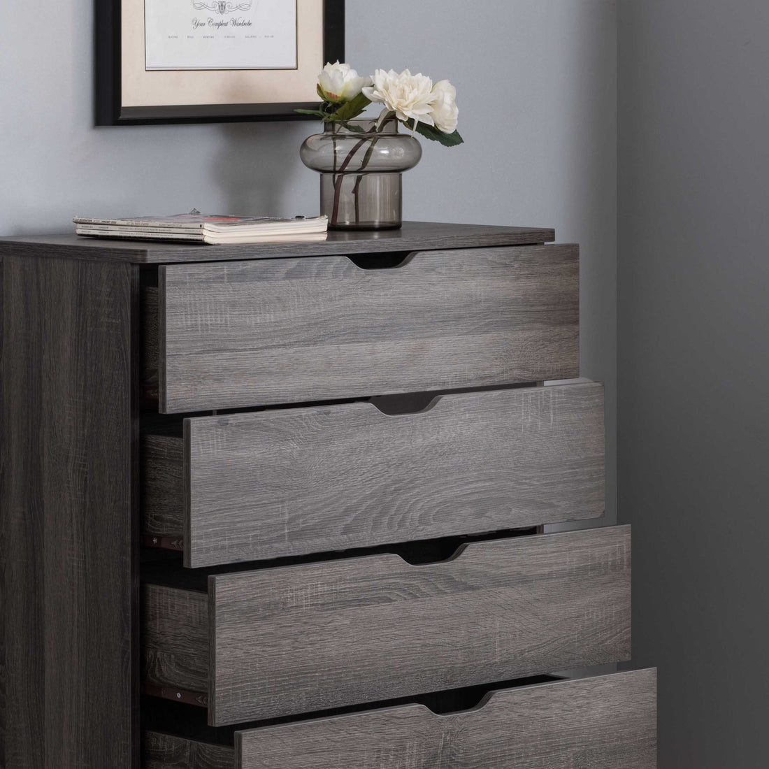 Modern Grey Five Drawer Clothes And Storage Chest Faux Wood Grain And Metal Drawer Glides Gray Particle Board Mdf