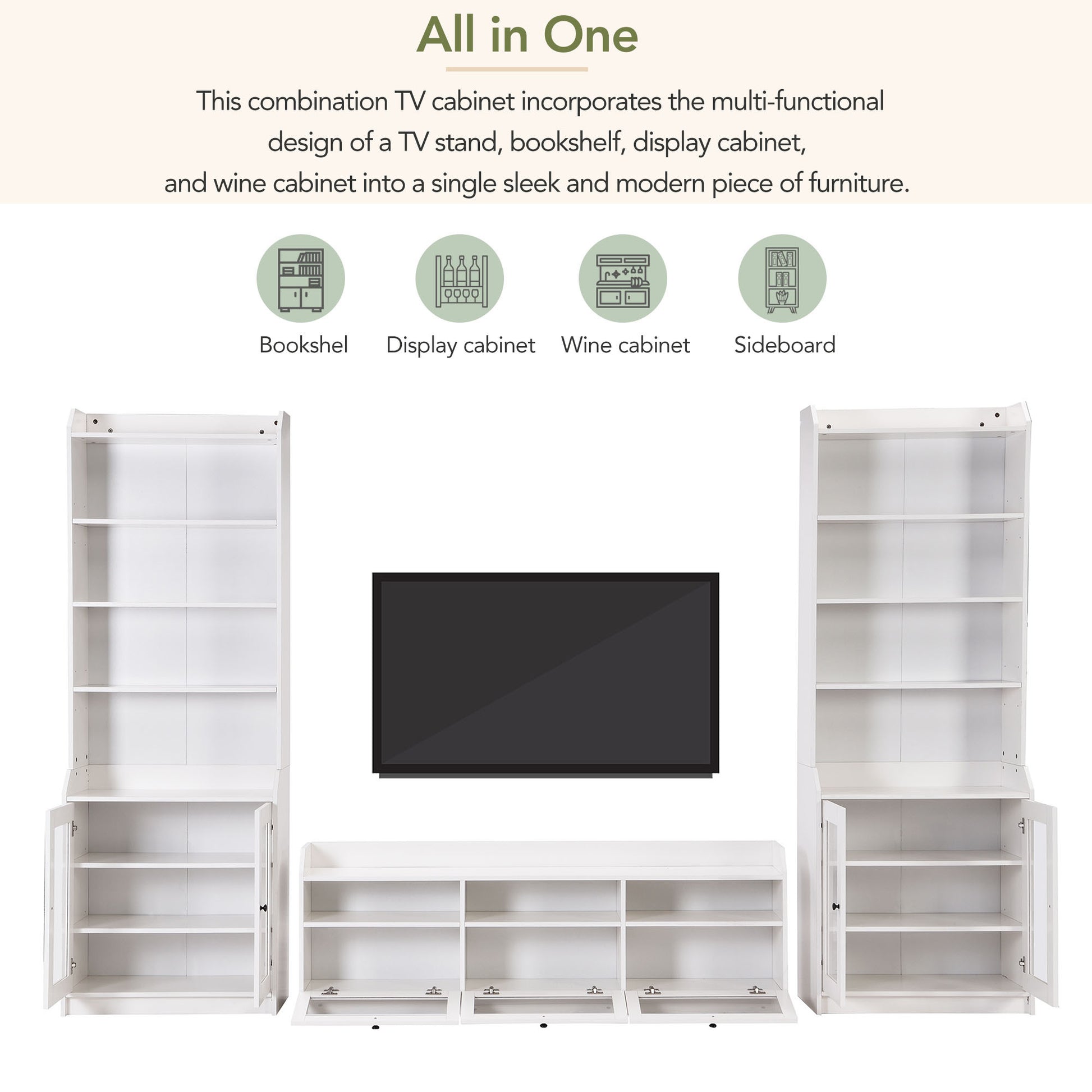 Chic Elegant Entertainment Wall Unit With Tall Cabinets, Modern Tv Console Table For Tvs Up To 65", Multifunctional Tv Stand Set With Acrylic Board Door, White White Primary Living Space 60 69 Inches 60 69 Inches 65 Inches Particle Board