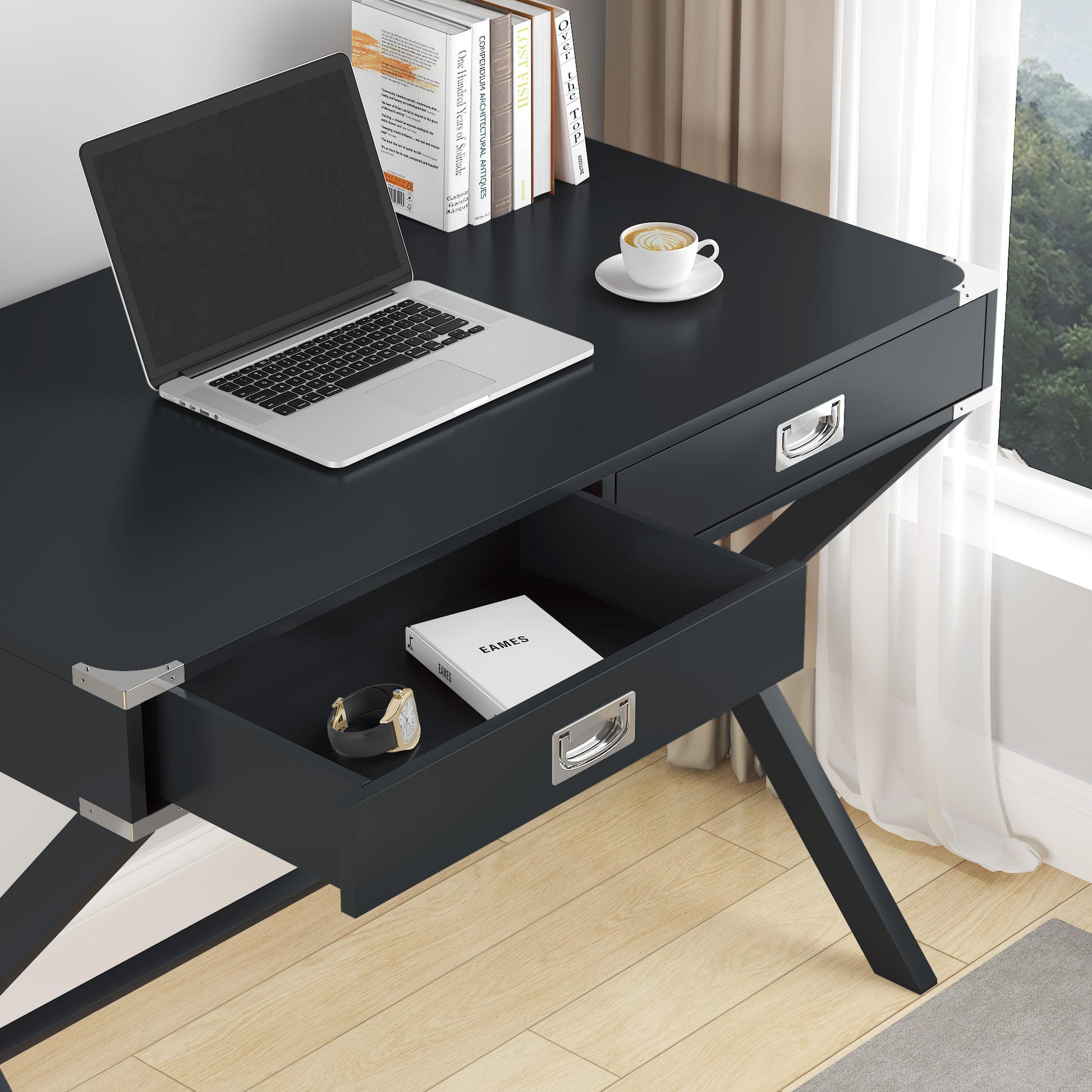 Computer Desk With Storage, Solid Wood Desk With Drawers, Modern Study Table For Home Office,Small Writing Black Solid Wood Mdf