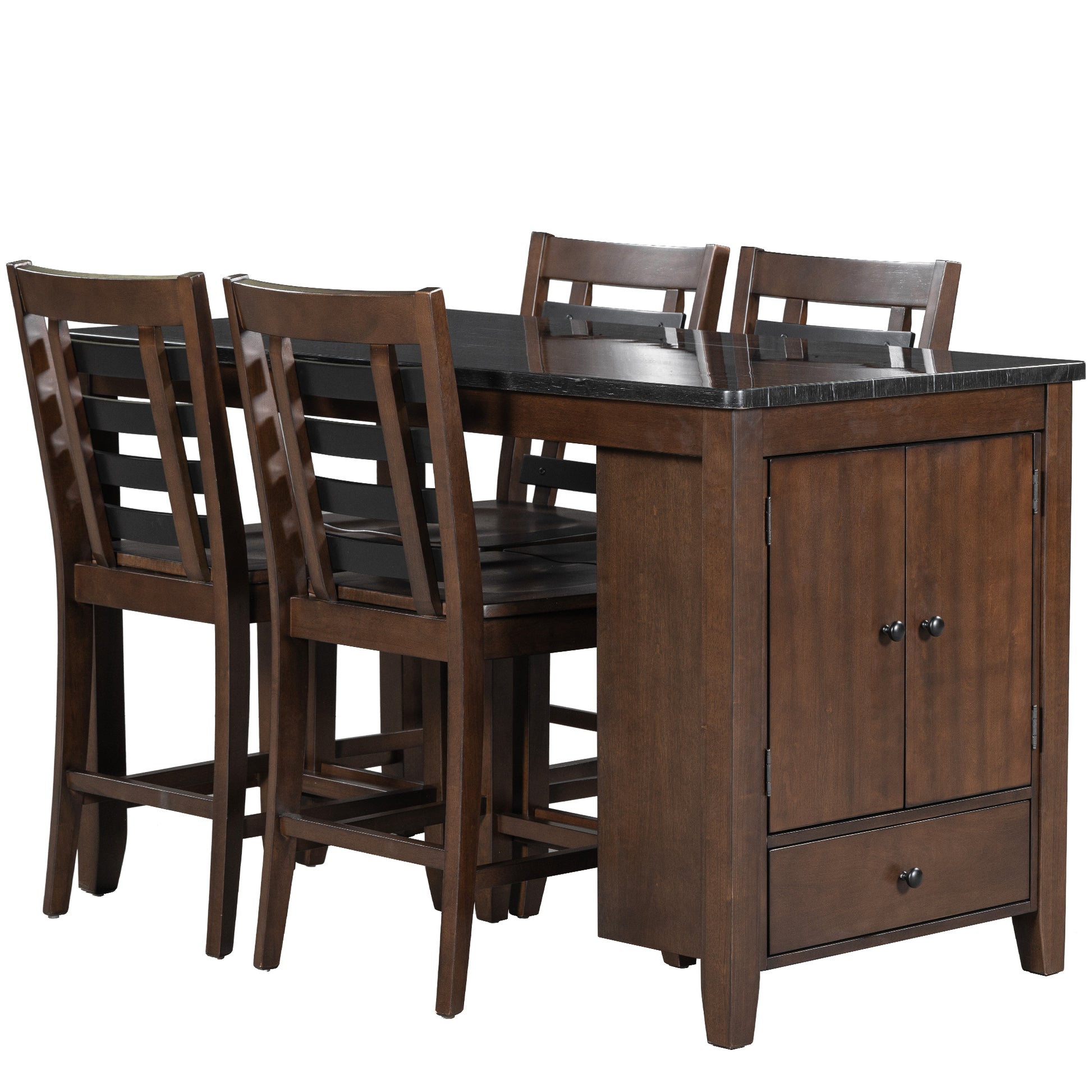 Counter Height 5 Piece Dining Table Set With Faux Marble Tabletop, Solid Wood Table Set With Storage Cabinet And Drawer, Dark Walnut Wood Dining Room Solid Wood Rubberwood Rectangular Sideboard Included Wood Walnut Ladder Back Seats 4 60 Inches Rustic 4