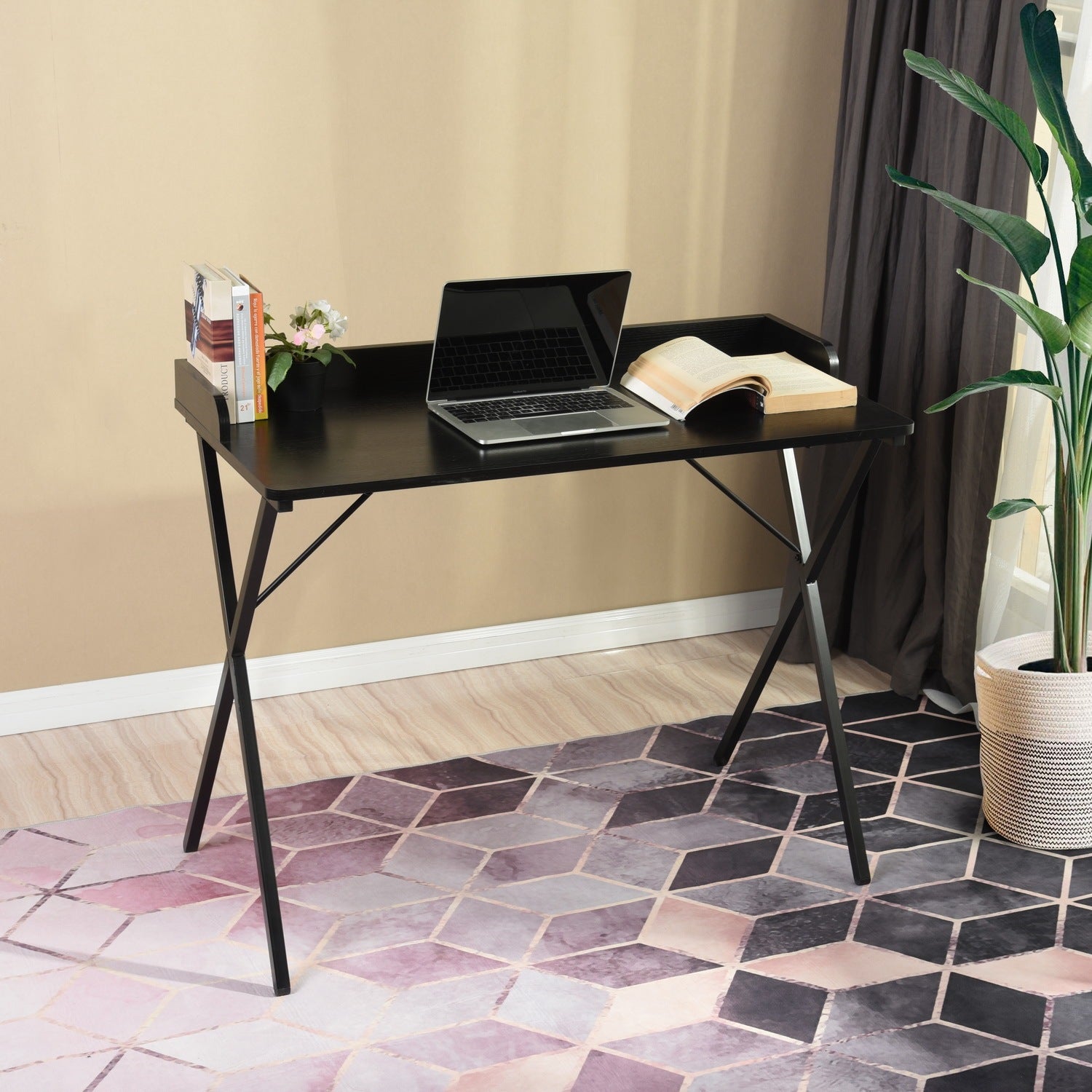 39.4"L Rectangular Computer Desk, Writing Desk full black-office-poplar-rectangular-mdf-metal & wood