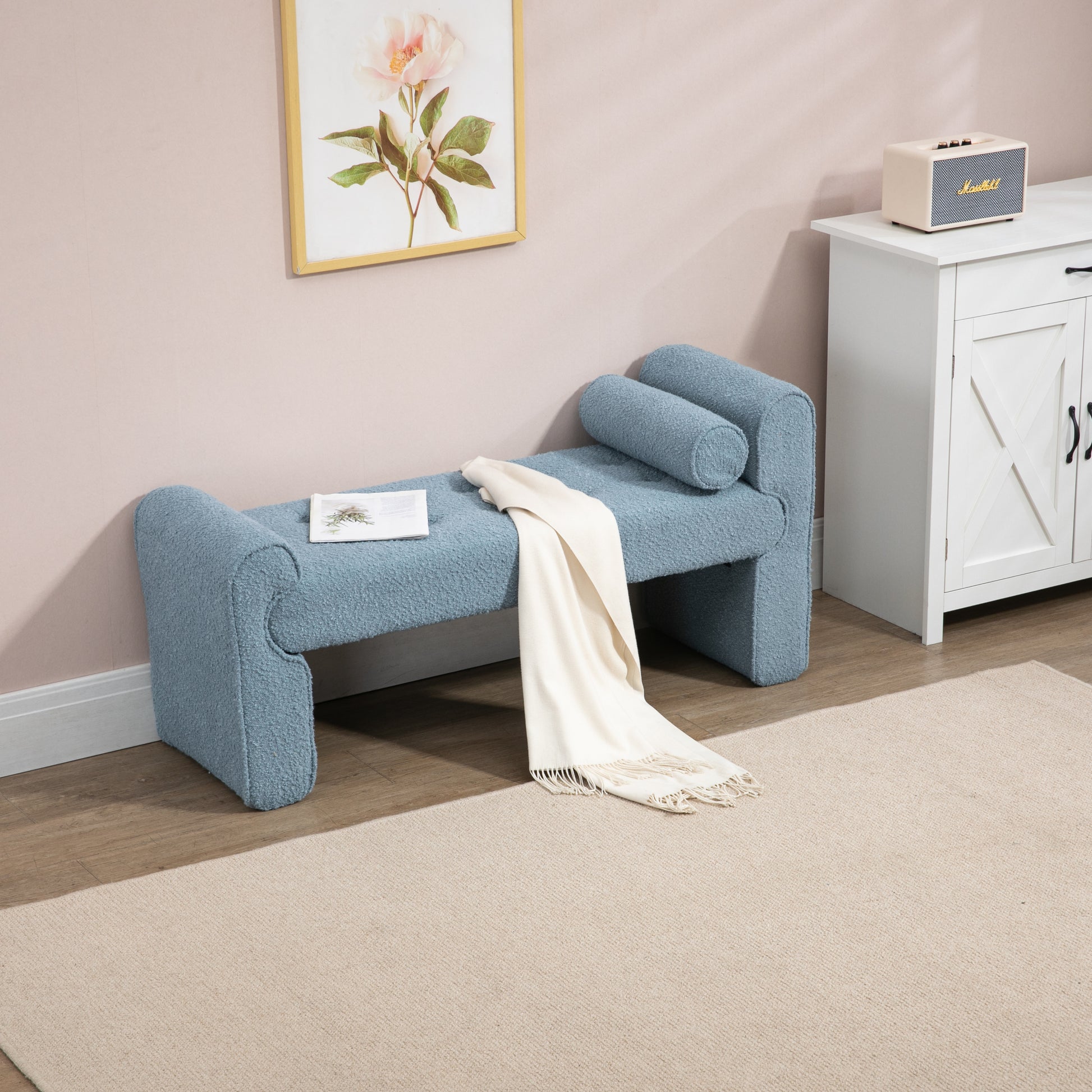 Coolmore Modern Ottoman Bench, Bed Stool Made Of Loop Gauze, End Bed Bench, Footrest For Bedroom, Living Room, End Of Bed, Hallway Light Blue Boucle