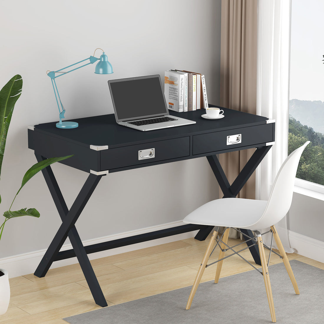 Computer Desk With Storage, Solid Wood Desk With Drawers, Modern Study Table For Home Office,Small Writing Black Solid Wood Mdf