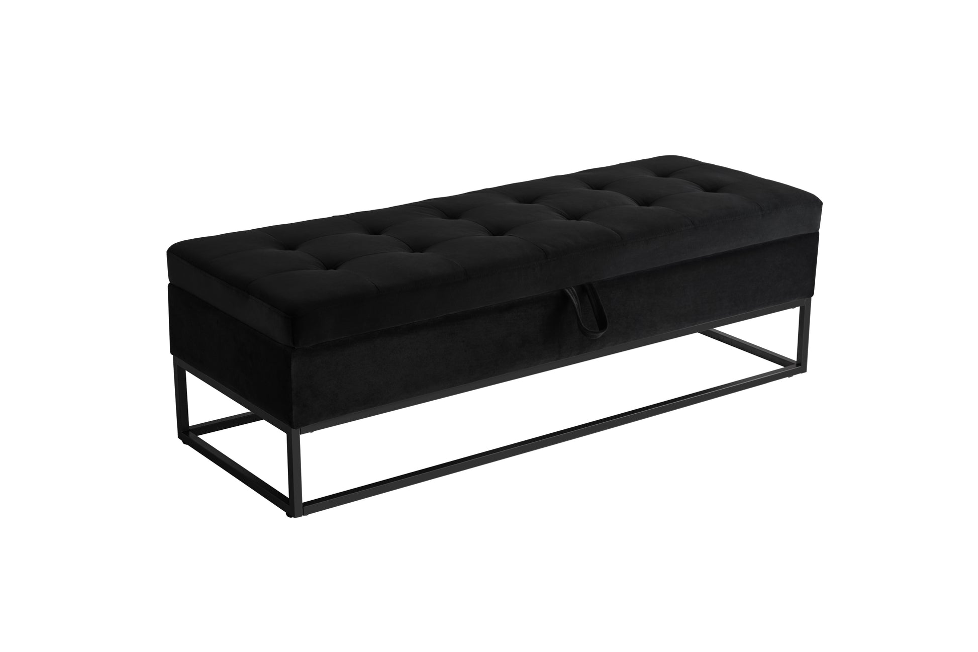 58.6" Bed Bench Metal Base With Storage Black Velvet Black Foam Velvet