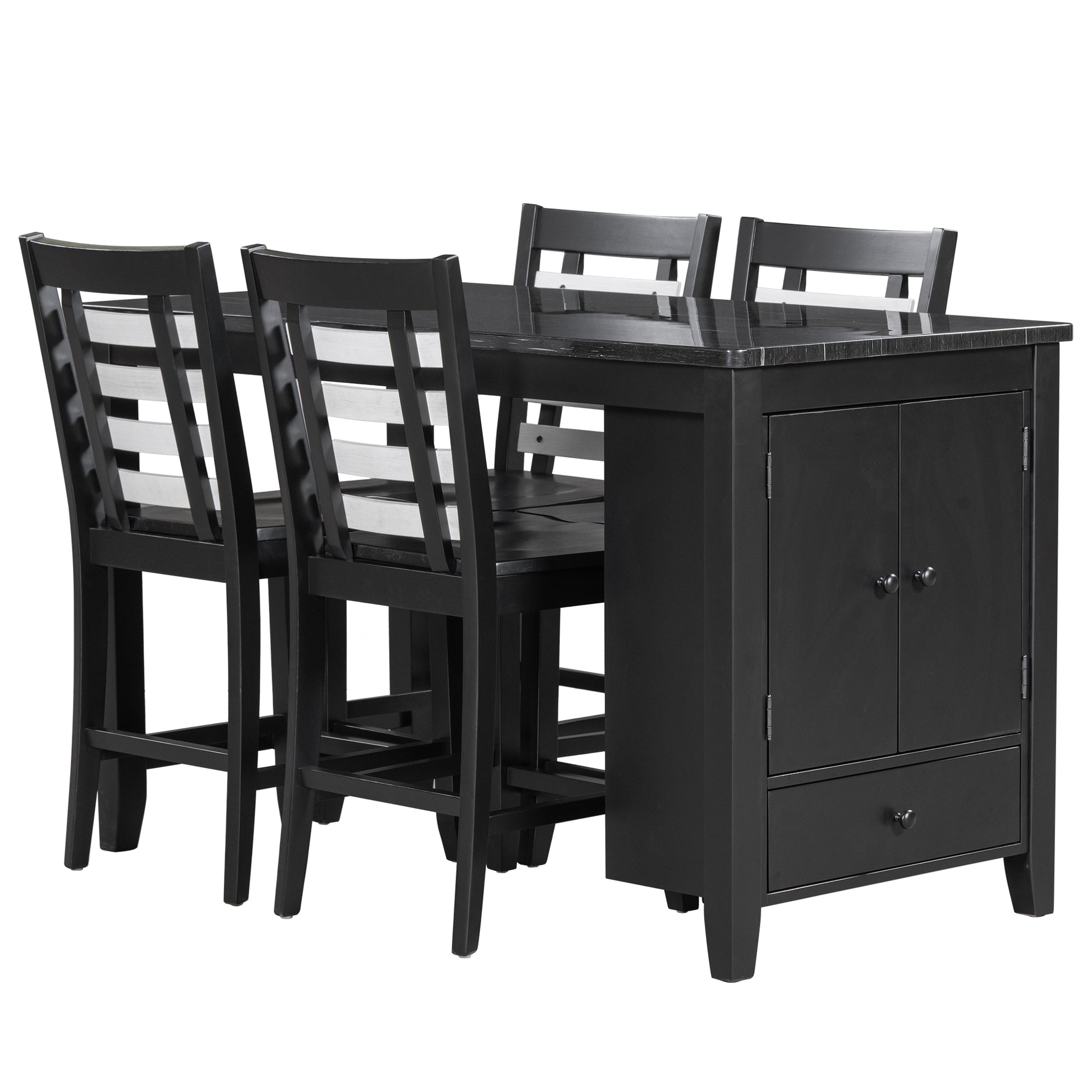 Counter Height 5 Piece Dining Table Set With Faux Marble Tabletop, Solid Wood Table Set With Storage Cabinet And Drawer, Black Wood Dining Room Solid Wood Rubberwood Rectangular Sideboard Included Wood Black Ladder Back Seats 4 60 Inches Rustic 4 Leg