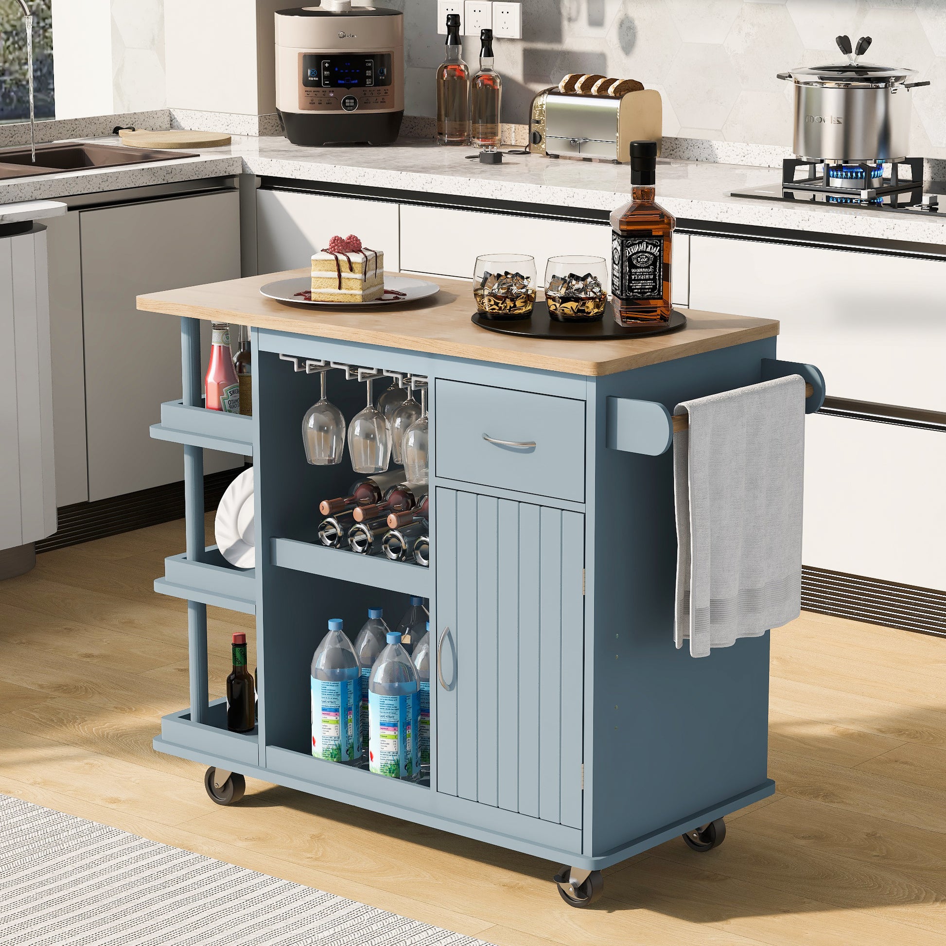 Multipurpose Kitchen Cart Cabinet with Side Storage blue-mdf