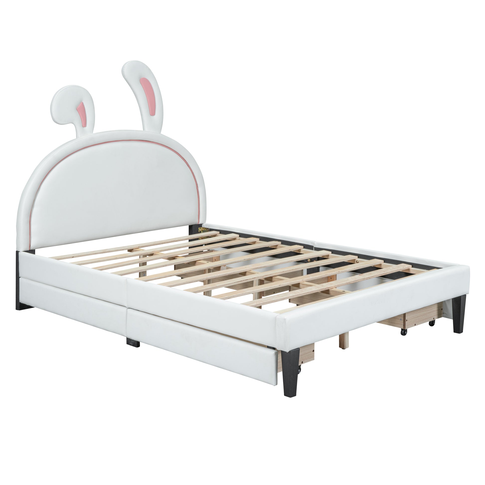 Full Size Upholstered Leather Platform Bed With Rabbit Ornament And 4 Drawers, White White Upholstered