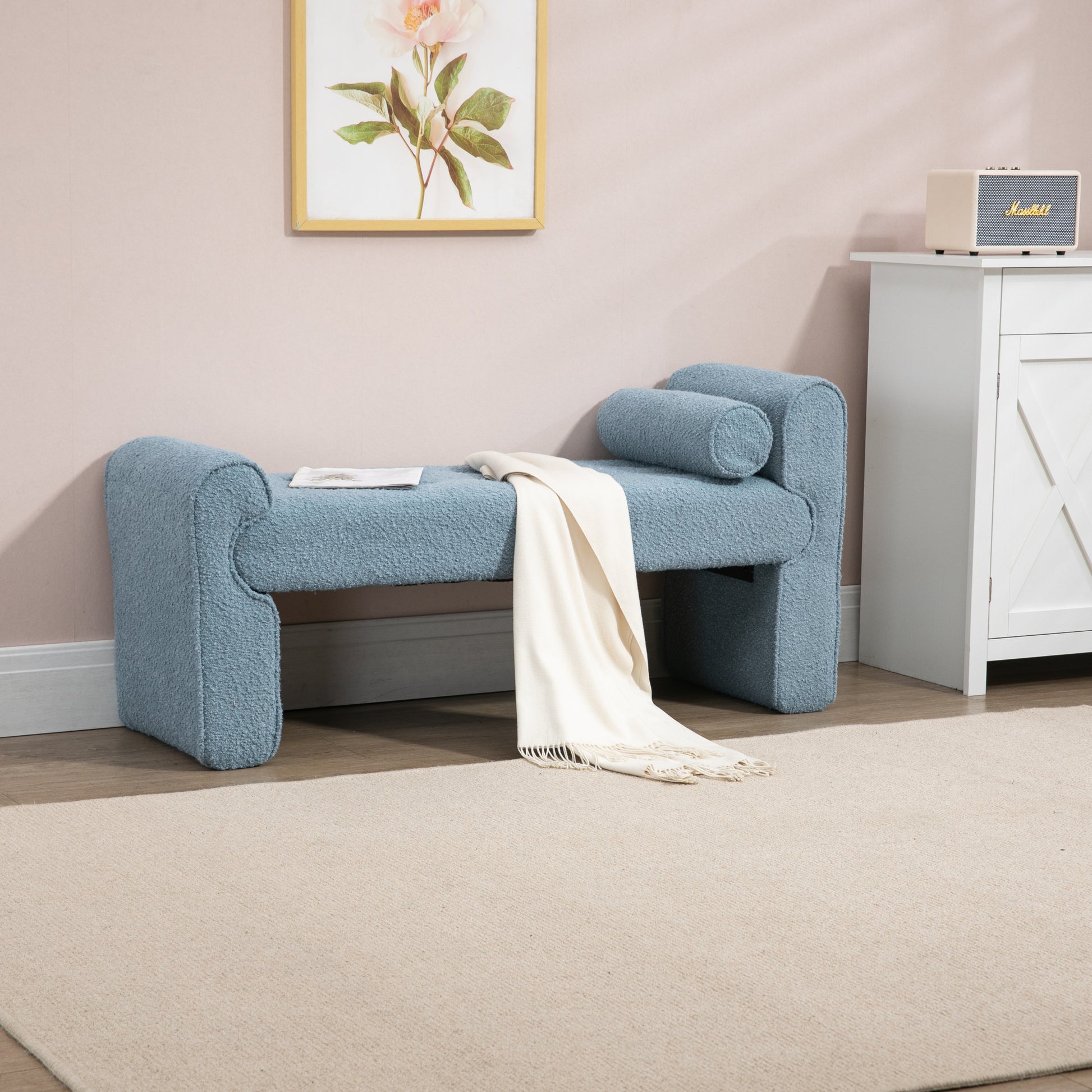 Coolmore Modern Ottoman Bench, Bed Stool Made Of Loop Gauze, End Bed Bench, Footrest For Bedroom, Living Room, End Of Bed, Hallway Light Blue Boucle