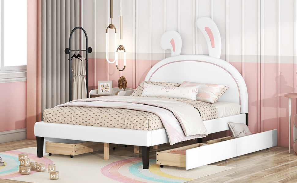 Full Size Upholstered Leather Platform Bed With Rabbit Ornament And 4 Drawers, White White Upholstered