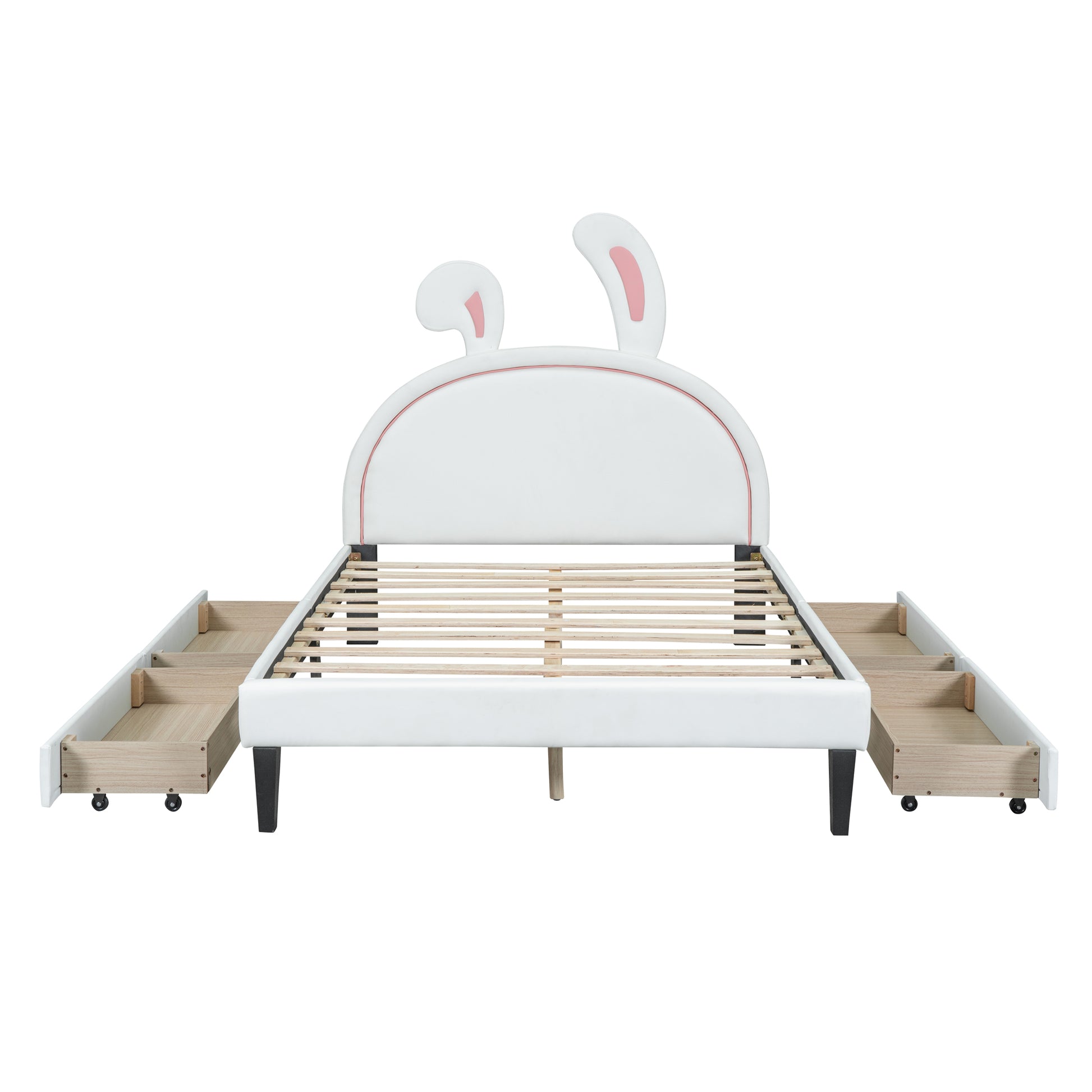 Full Size Upholstered Leather Platform Bed With Rabbit Ornament And 4 Drawers, White White Upholstered