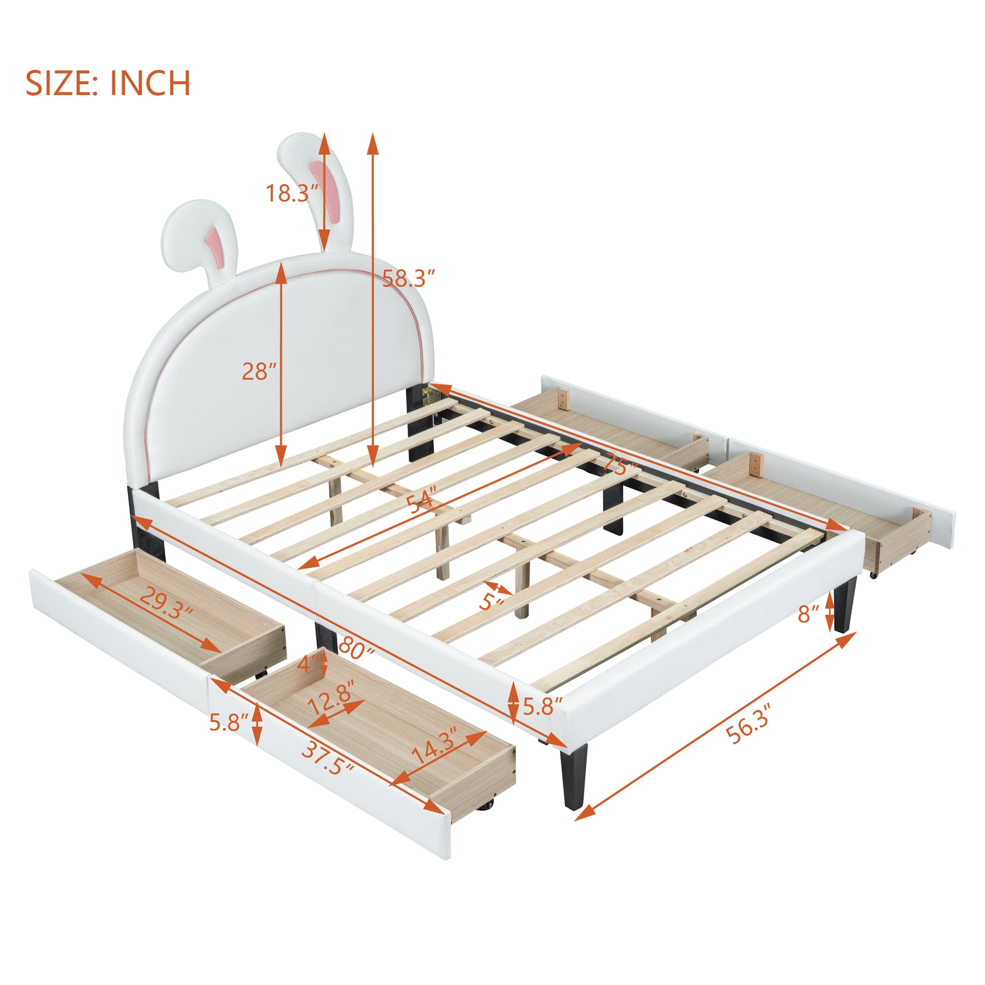 Full Size Upholstered Leather Platform Bed With Rabbit Ornament And 4 Drawers, White White Upholstered