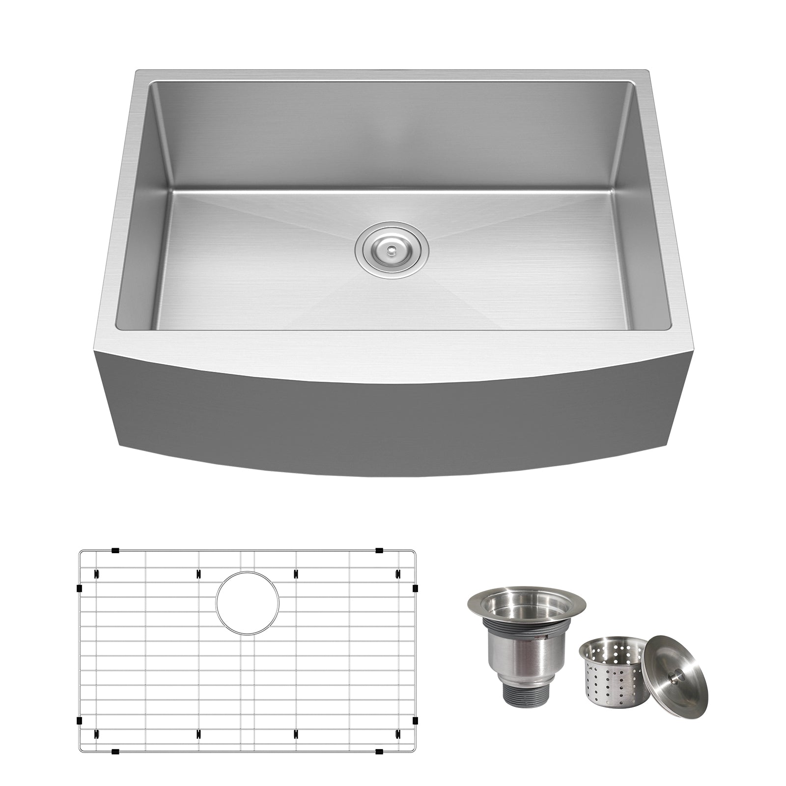 Tecasa Farmhouse Sink 30 Inches Stainless Steel Apron Sinks 16 Gauge For Kitchen Front Rounded 10 Inch Deep Single Bowl Kitchen Sink With Accessories Pack Of 3 Silver Stainless Steel