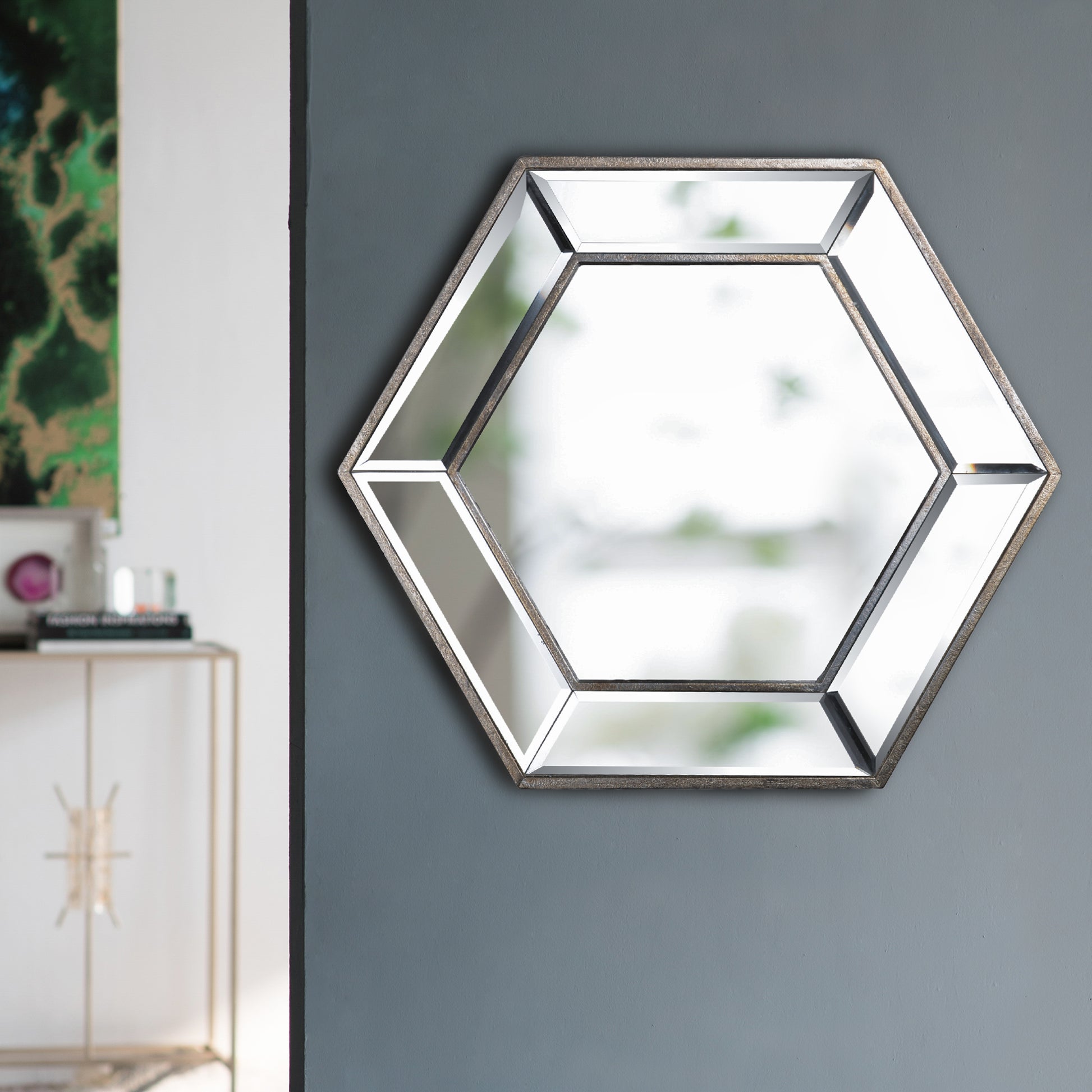 20" x 18" Hexagon Wall Mirror with Contemporary Glass silver-mdf+glass